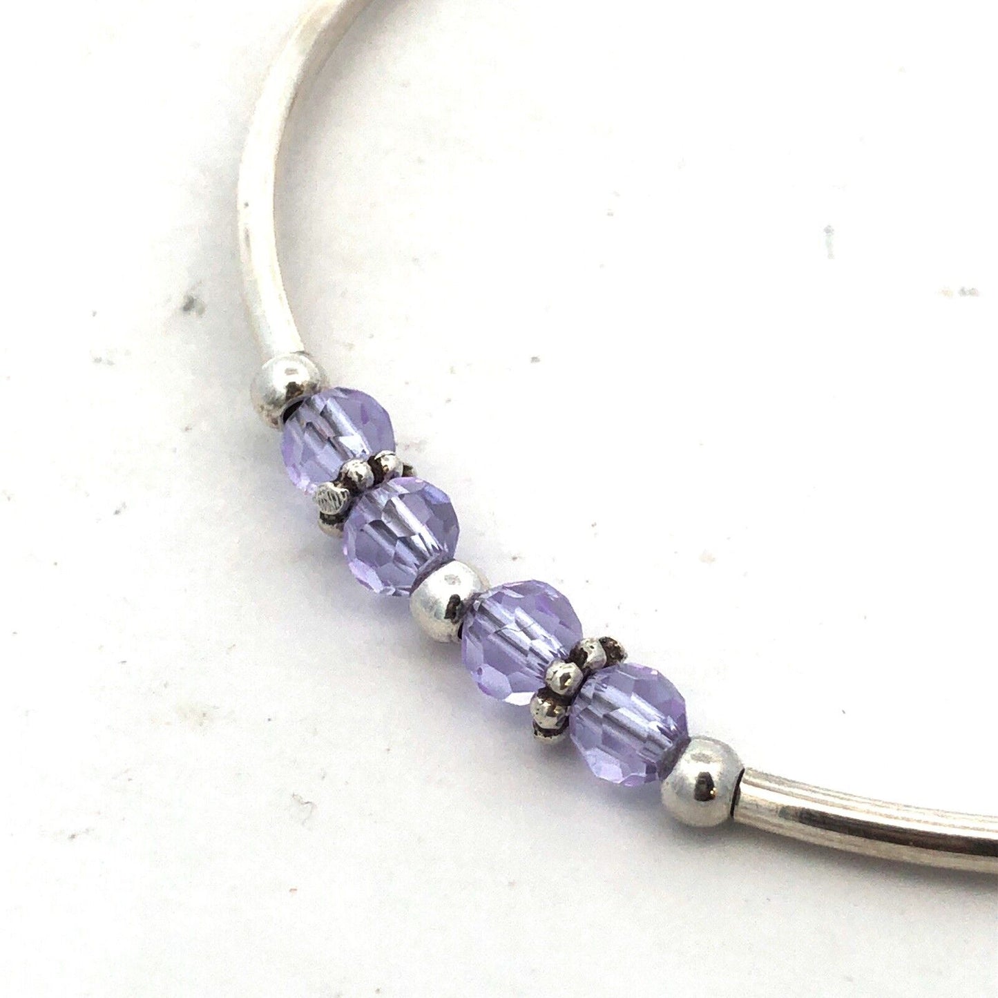 925 Sterling Silver Purple Crystal Beaded Round Bangle Bracelet