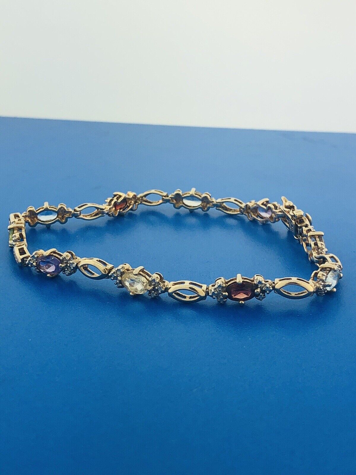 Sterling Silver 925 Vermeil Oval Multi-Gem Station Tennis Bracelet