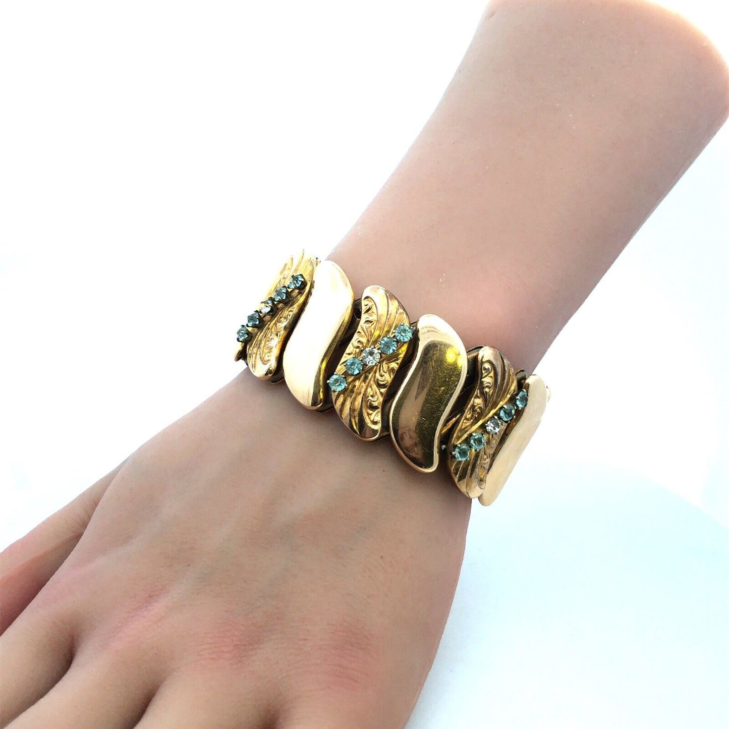 Antique B & N Gold Filled Rhinestone Expandable Wide Cuff Bracelet Original Box