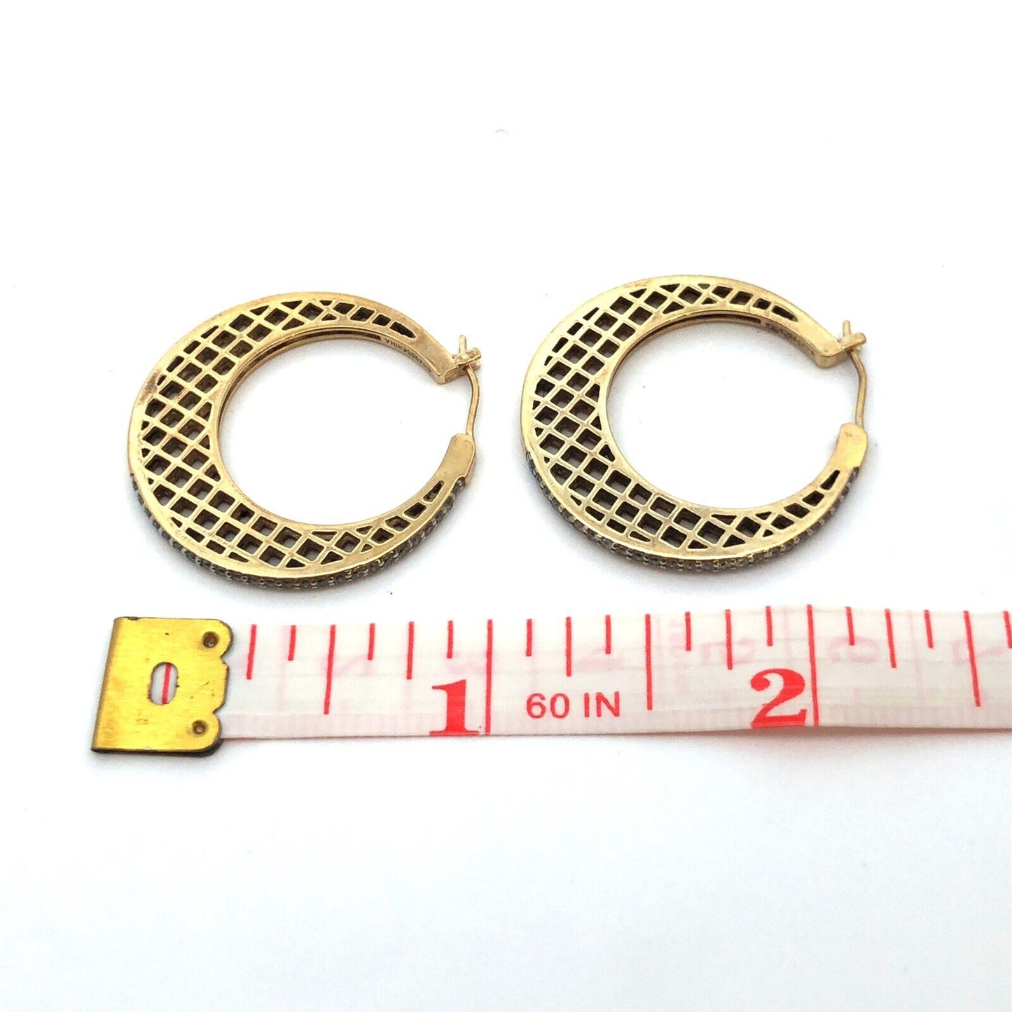 Vermeil 925 Sterling Silver Basket Weave Hoop Cubic Zirconia Border Earrings