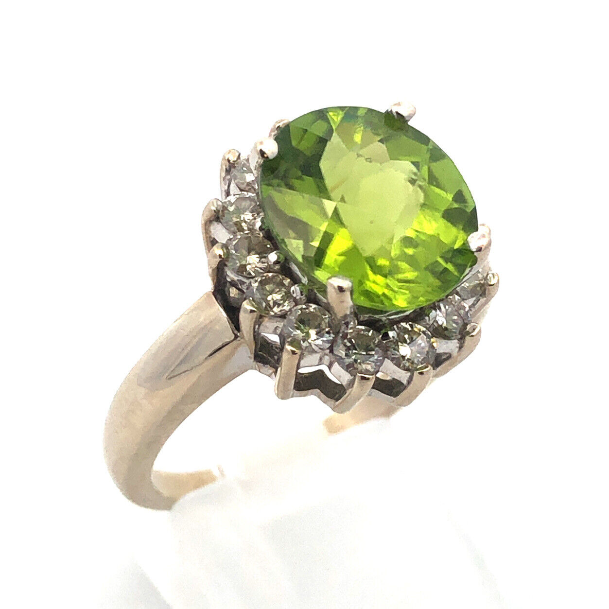 LeVian 14K White Gold Oval Cushion Green Apple Peridot Diamond Cocktail Ring