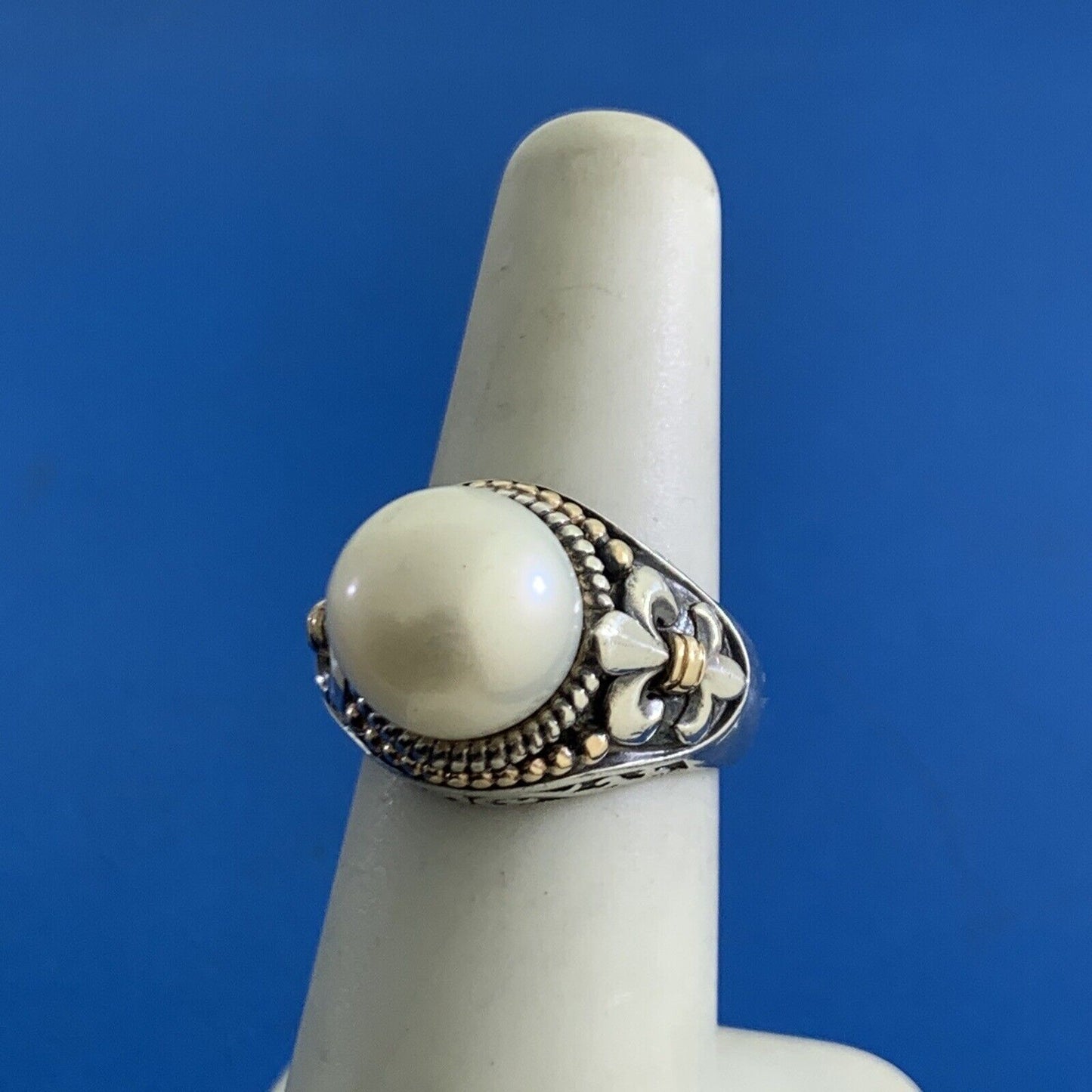 Designer 925 Sterling Silver 14K Yellow Gold Pearl Fleur De Lis Statement Ring