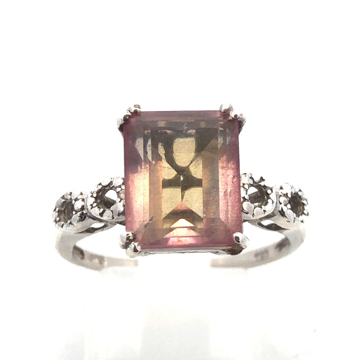 Designer STS 925 Sterling Silver Emerald Cut Pink Amethyst Anniversary Ring