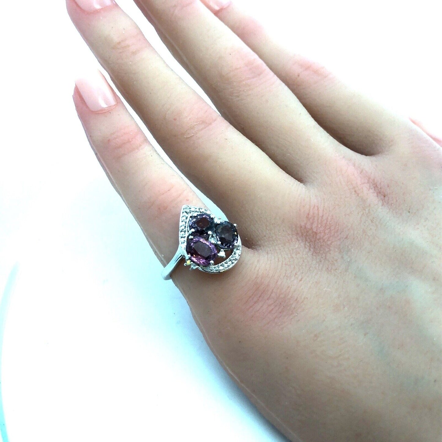Designer TGGC 925 Sterling Silver Oval Purple Topaz Diamond Cluster Ring