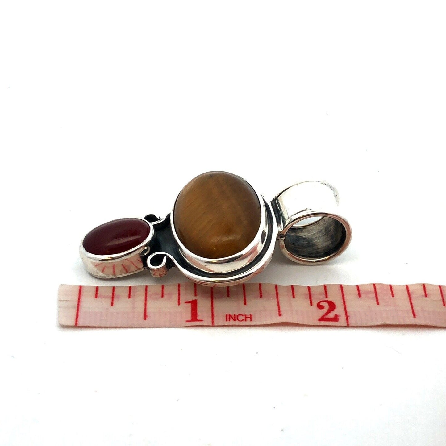 Vintage CII Mexico 925 Sterling Silver Oval Tigers Eye Red Carnelian Pendant