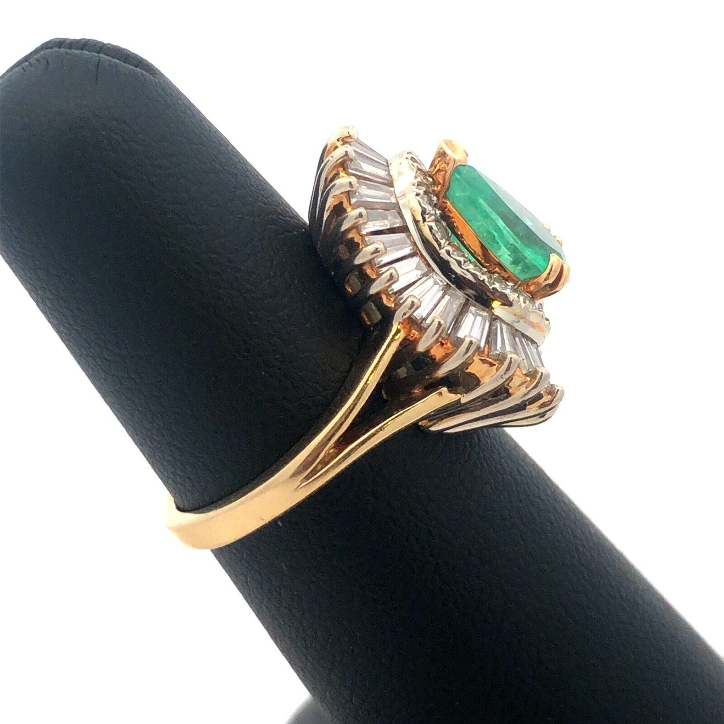 Vintage 14K Yellow Gold Pear Emerald Double Diamond Halo Statement Cocktail Ring