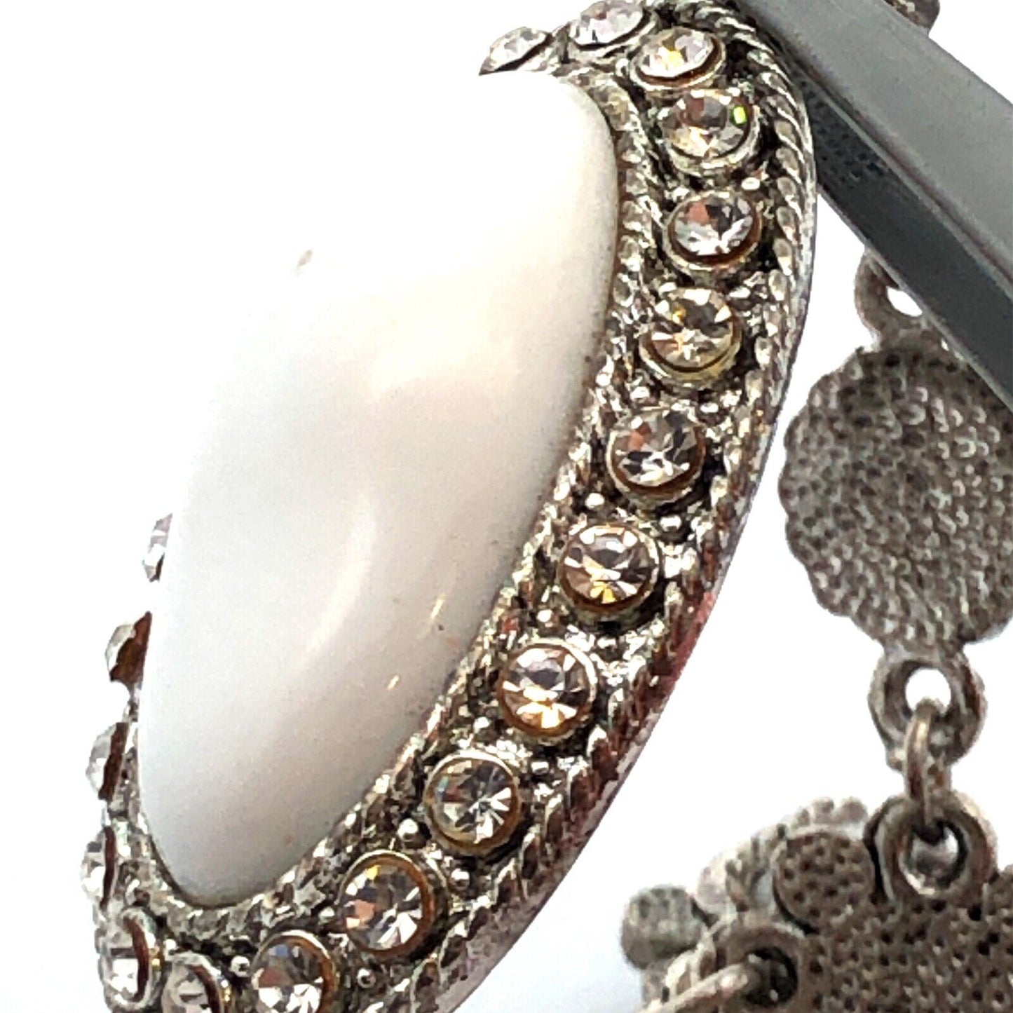 Anne Klein Silver Tone White Enamel Rhinestone Floral Statement Necklace NWT