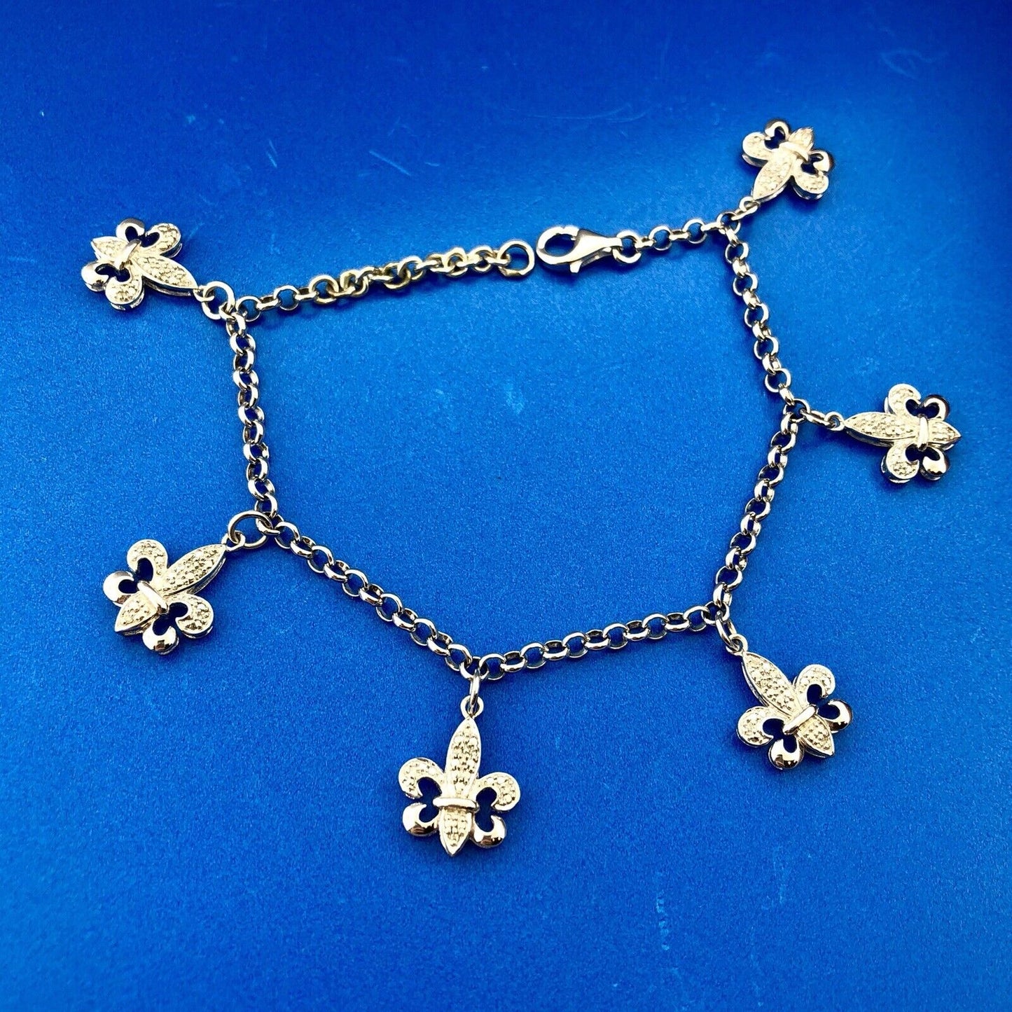 Designer Sterling Silver 925 Diamond Fleur De Lis Six Dangle Charm Bracelet