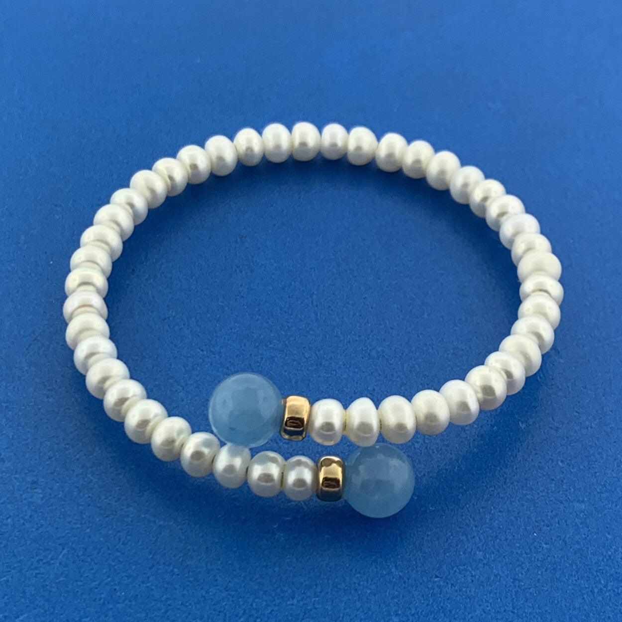 Elegant 14K Yellow Gold Pearl Chalcedony Gold Bead Something Blue Wrap Bracelet