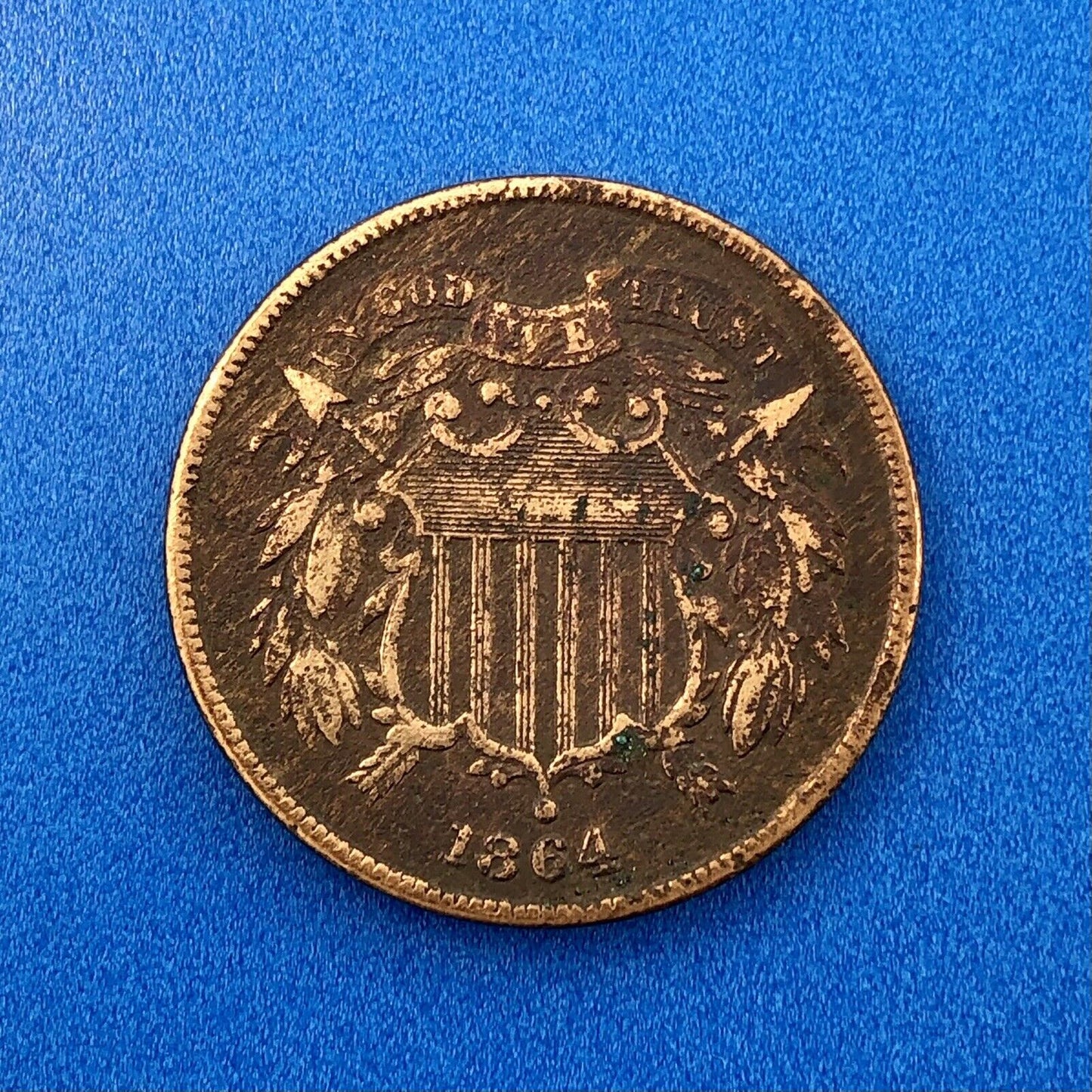 1864 P Bronze Two-Cent Piece Union Shield Large Motto Philadelphia Mint Coin