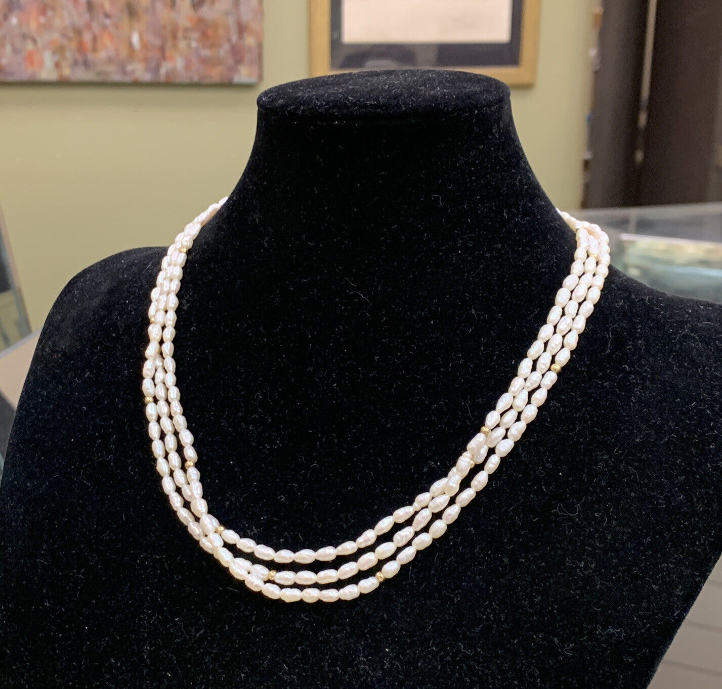 14K Yellow Gold Rice Pearl Gold Ball Beaded Three Strand Necklace