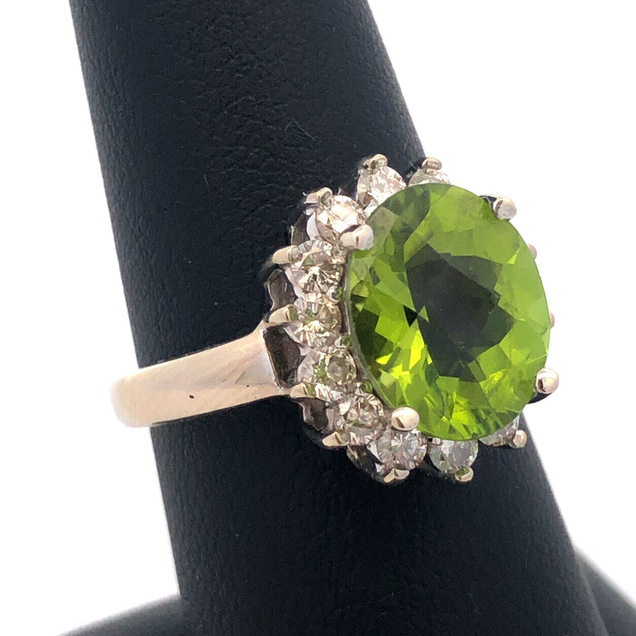 LeVian 14K White Gold Oval Cushion Green Apple Peridot Diamond Cocktail Ring