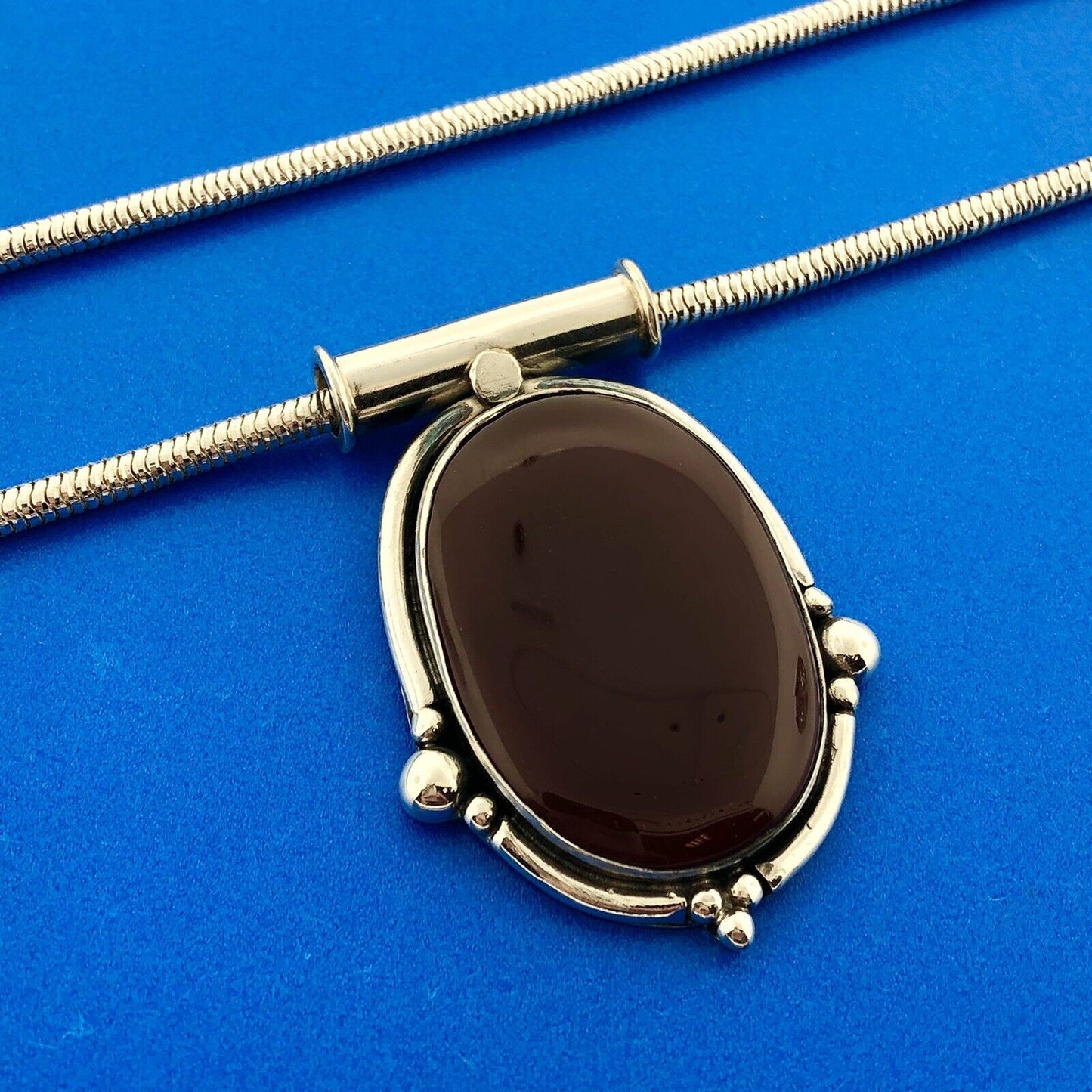 Stunning Sterling Silver 925 Cabochon Carnelian 18" Snake Chain Necklace