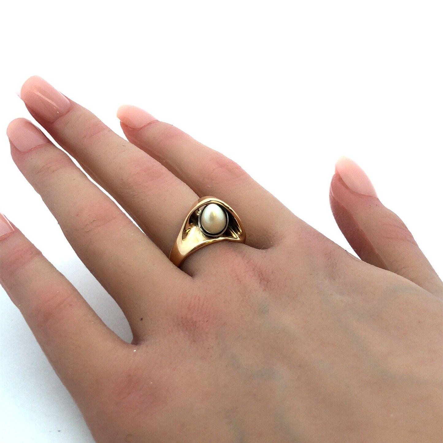 Vintage BAN 14K Yellow Gold Egg Oval Pearl Modernist Statement Ring