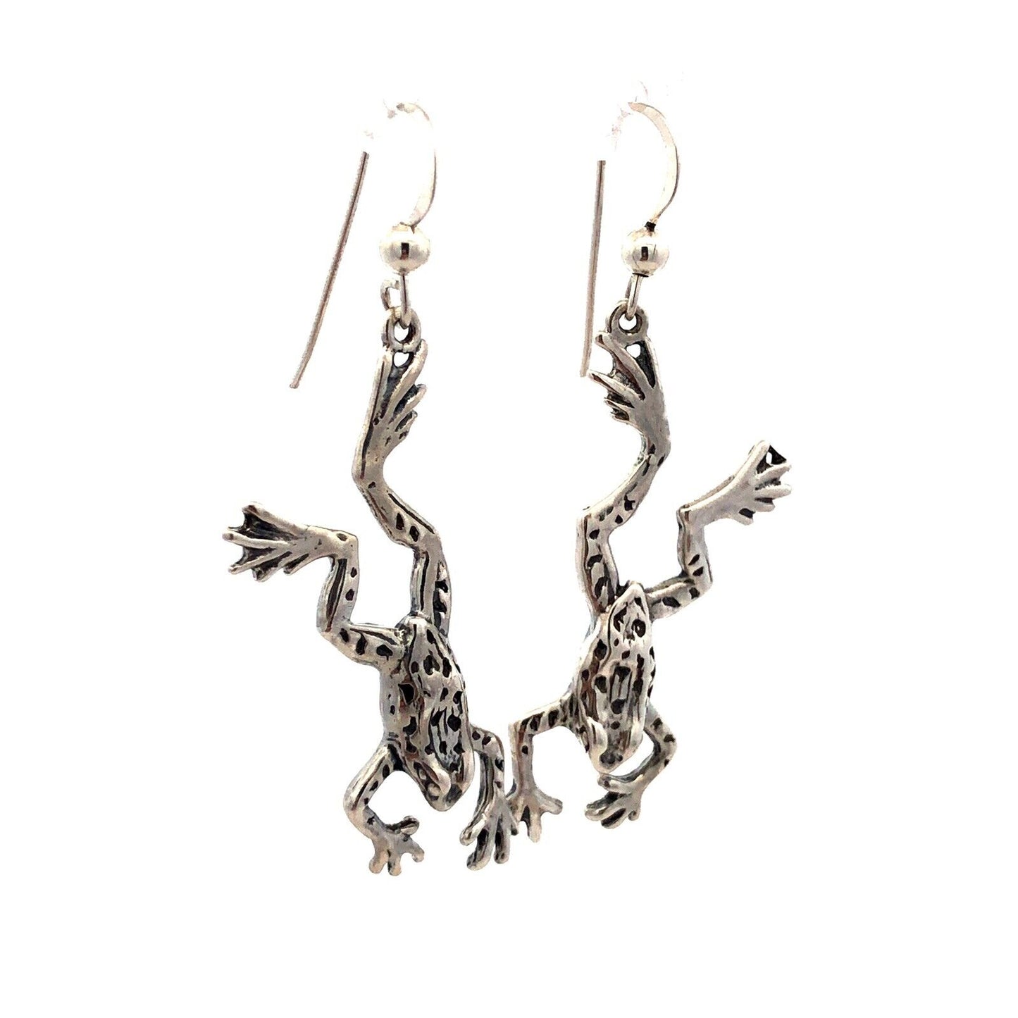 Vintage Designer Sterling Silver Frog Toad Textured Drop Dangle Hook Earrings