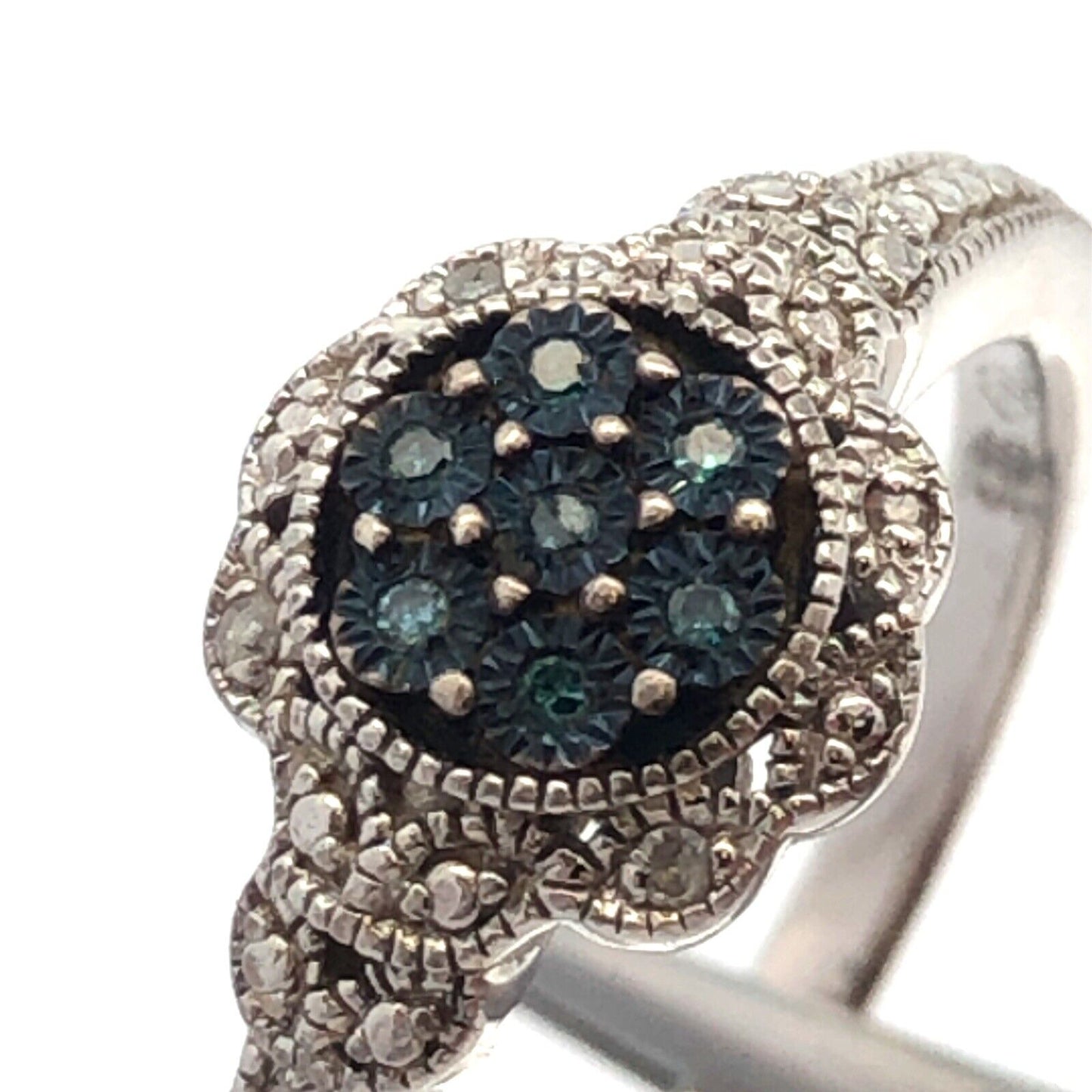 Designer 925 Sterling Silver Blue White Round Diamond Bead Detail Cocktail Ring