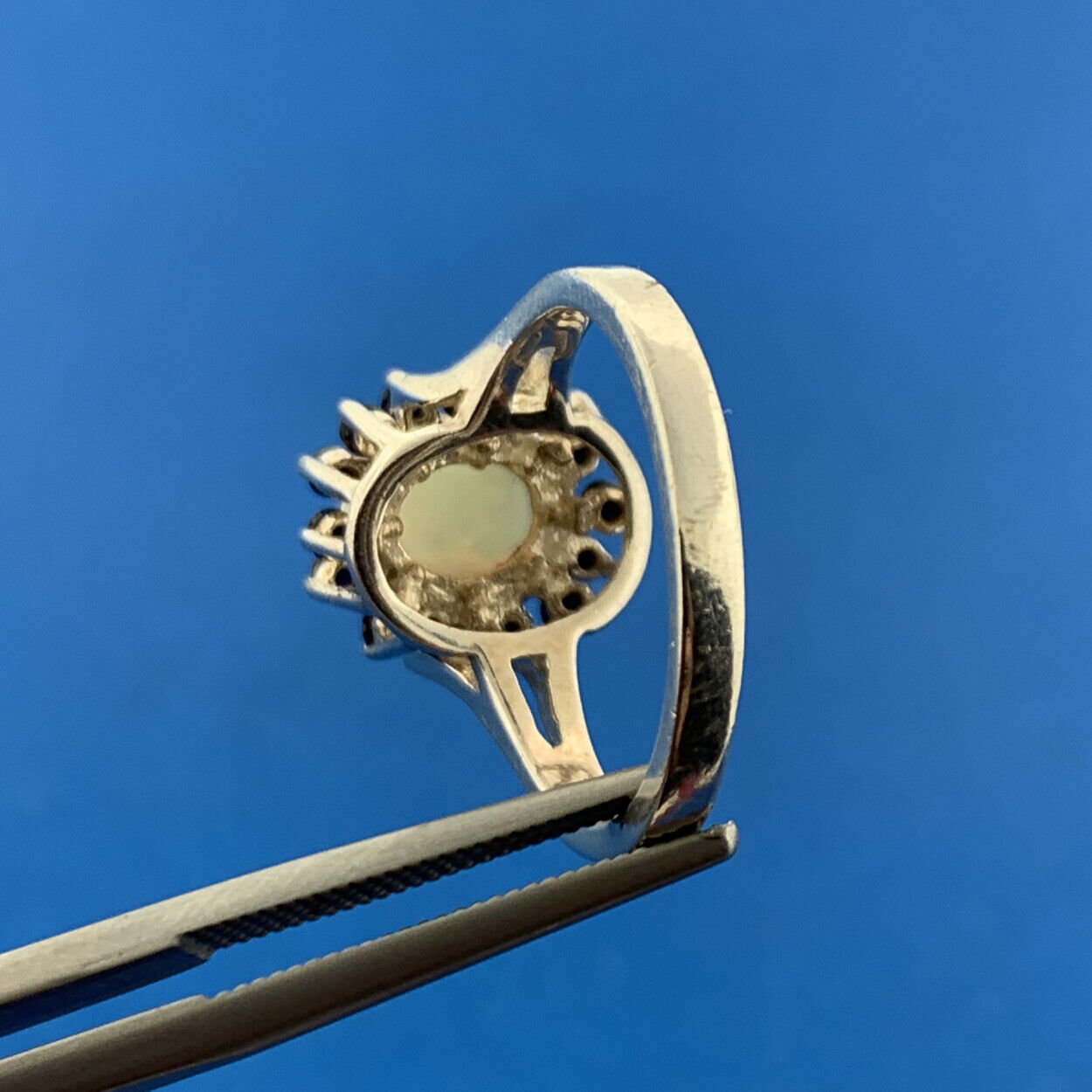 Designer 925 Sterling Silver Oval Opal Cabochon Blue Sapphire Halo Cocktail Ring