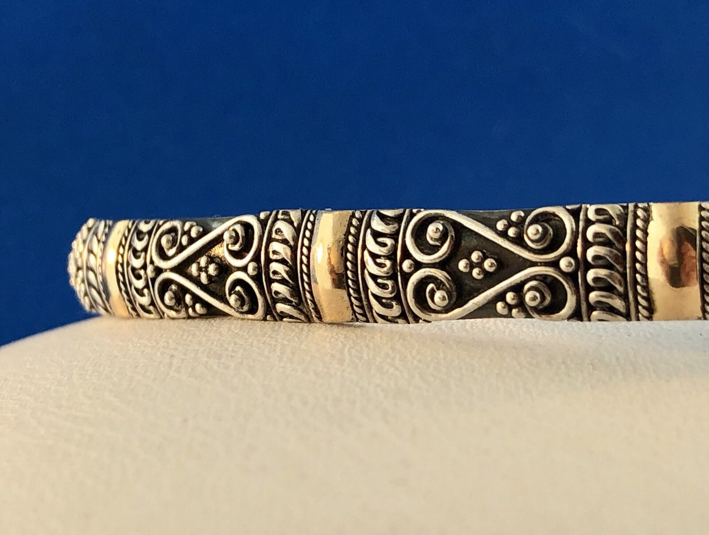 Designer Sterling Silver 18K Yellow Gold Dot Bead Scroll Work Bangle Bracelet