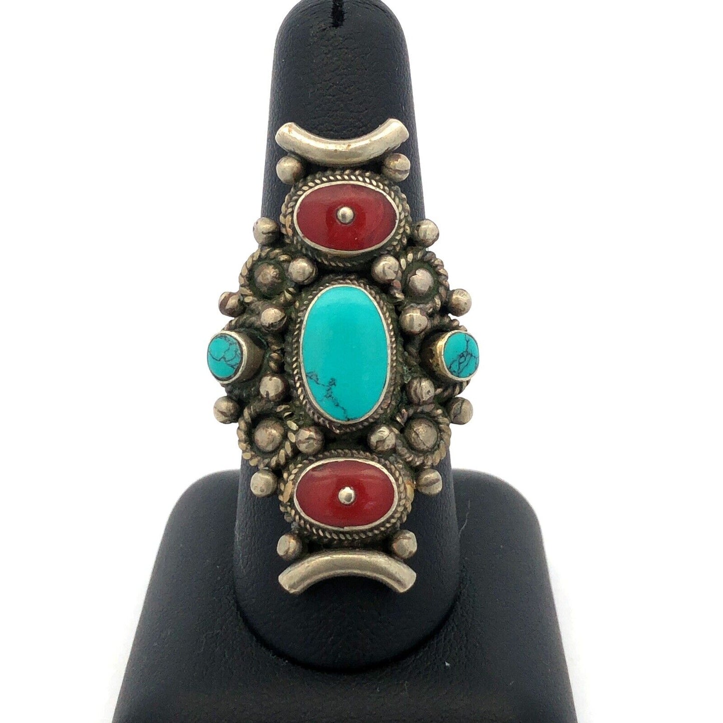Native American Silver Plate Oval Turquoise Red Coral Detailed Statement Ring
