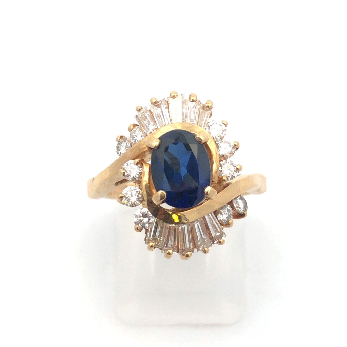 Designer 14K Yellow Gold Oval Sapphire Diamond Wave Halo Bypass Cocktail Ring
