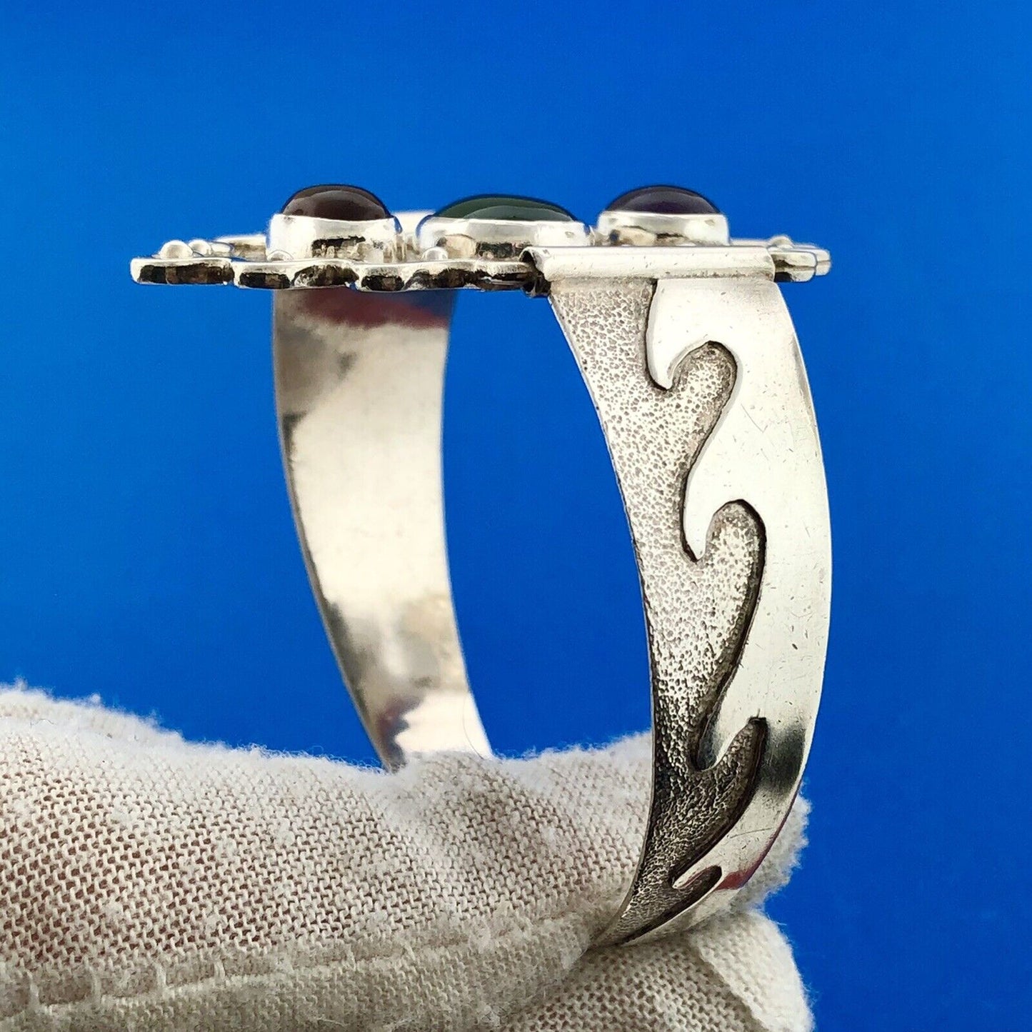 Native American Sterling Silver Amber Amethyst Green Tourmaline Cuff Bracelet