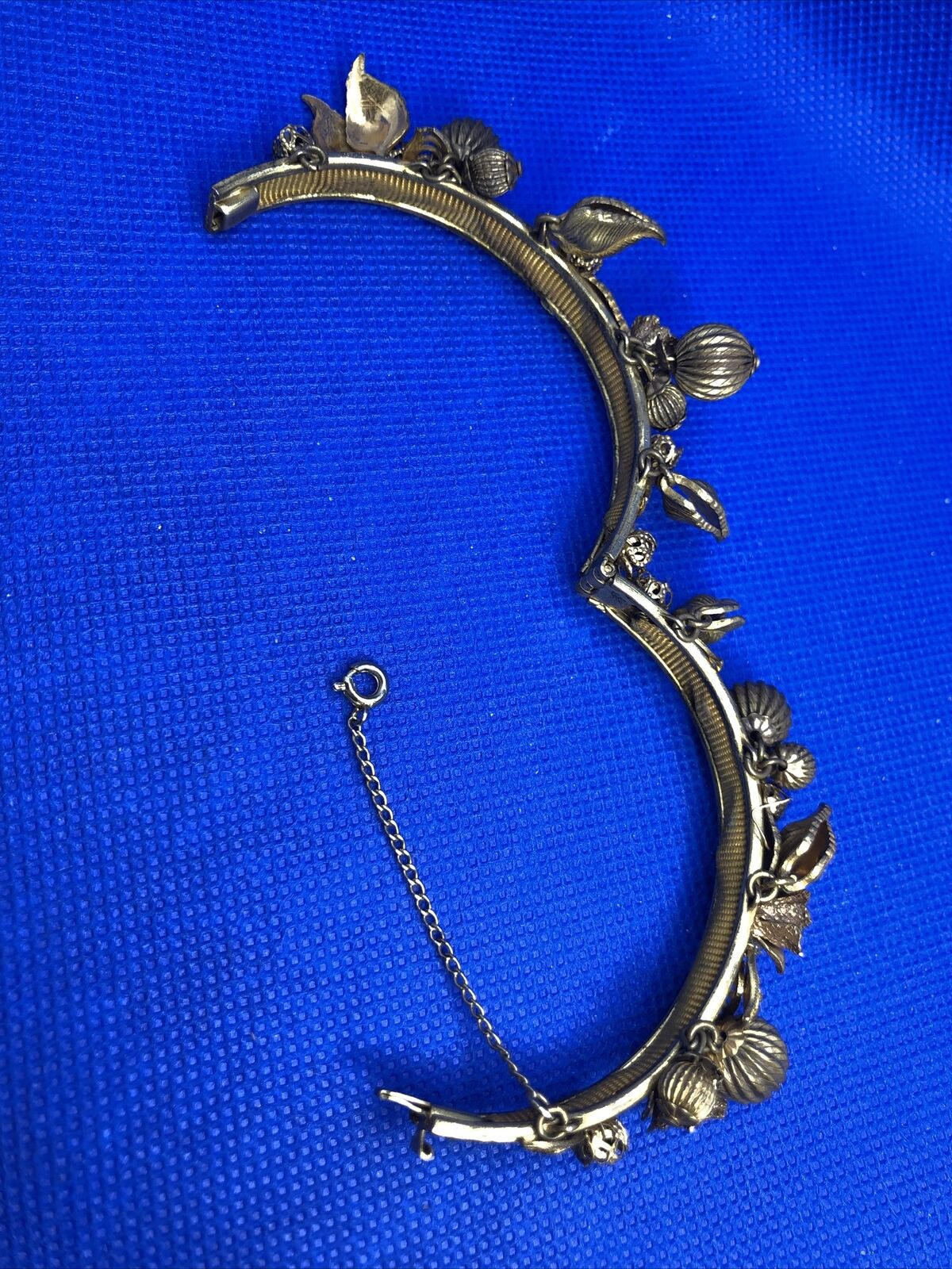 Art Nouveau Gold Tone Floral Theme Dangle Charm Hinged Cuff Bracelet