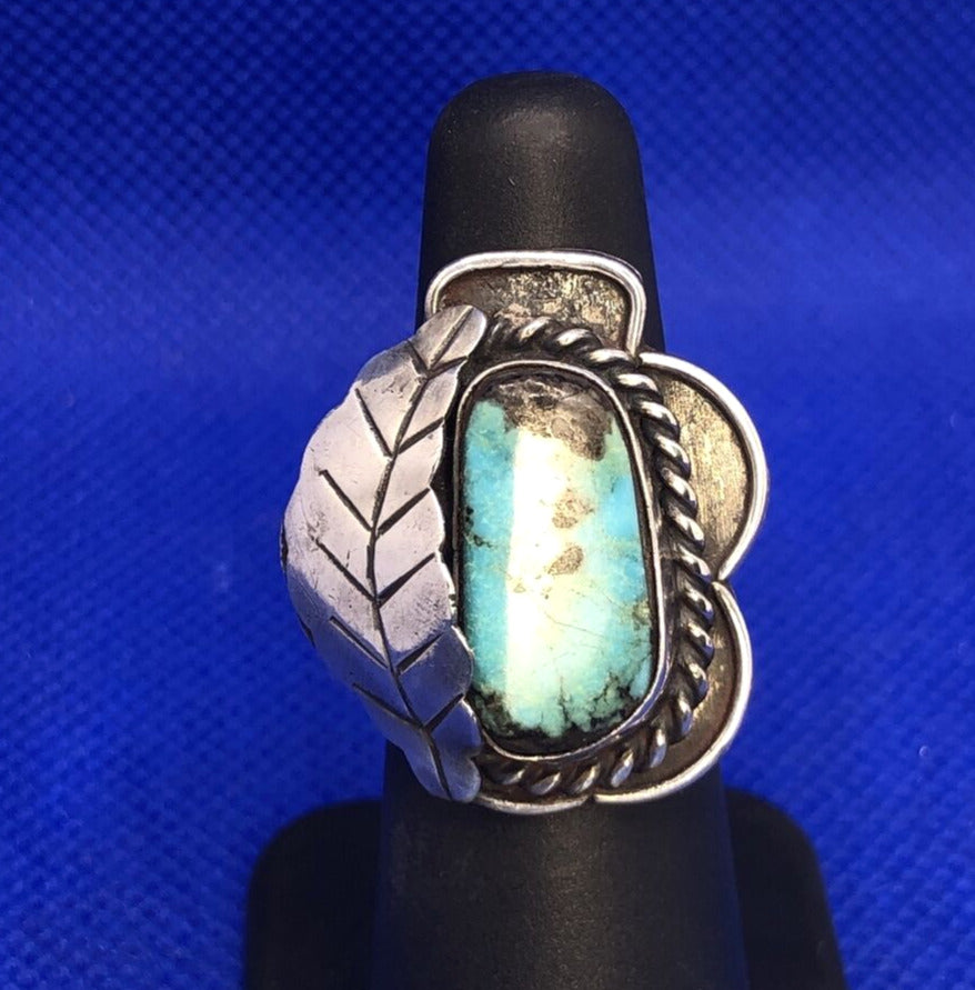 Taxco Mexico 925 Sterling Silver Turquoise Leaf Detail Statement Ring