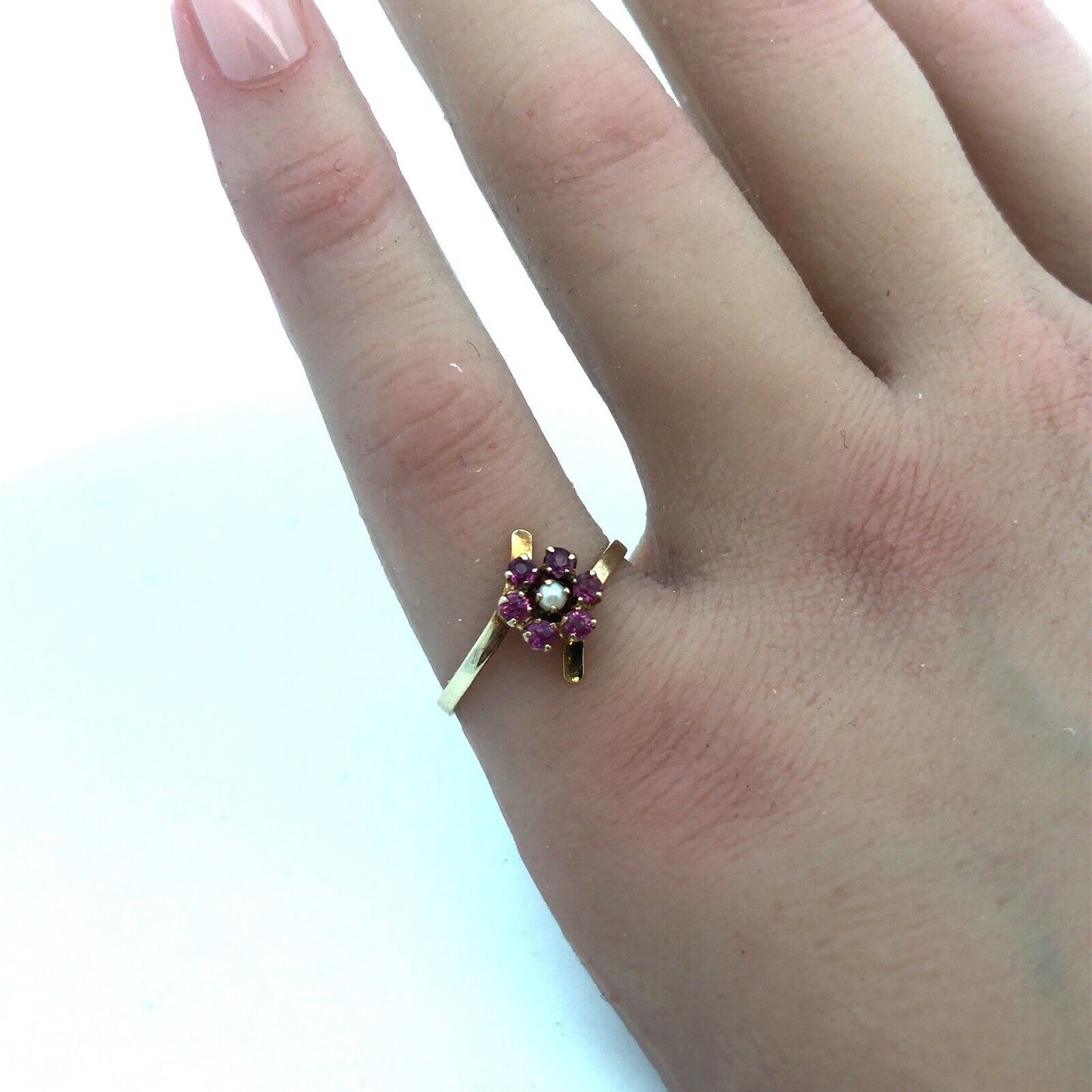 Vintage 14K Yellow Gold Ruby Pearl Flower Cluster July Sweetheart Bypass Ring