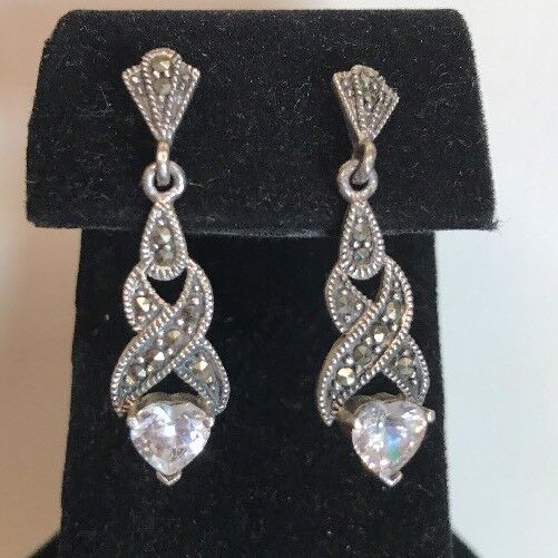 Sterling Silver 925 Marcasite Twist CZ Heart Drop Dangle Earrings