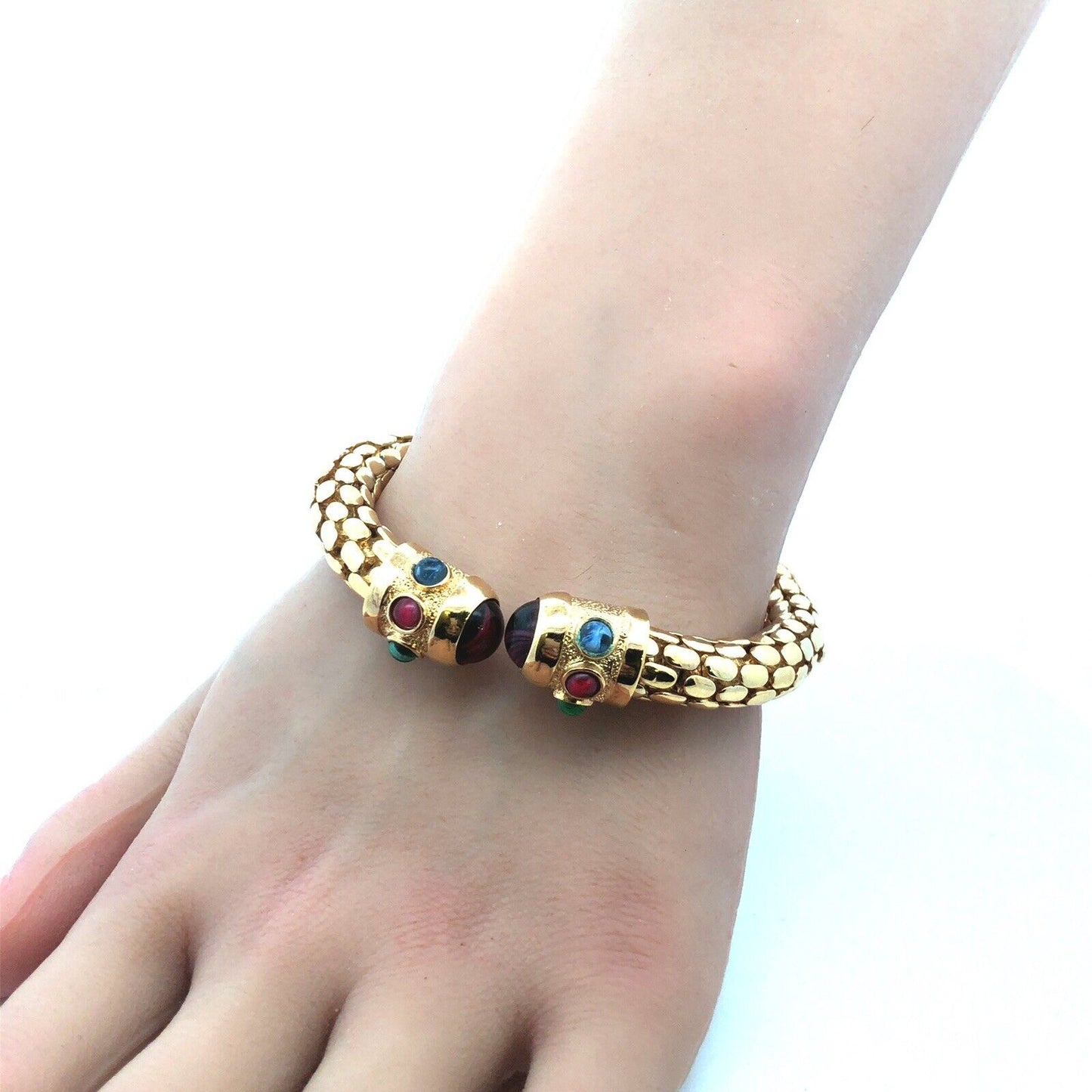 Vintage Runway Gold Tone Red Blue Green Glass Snake Skin Open Cuff Bracelet