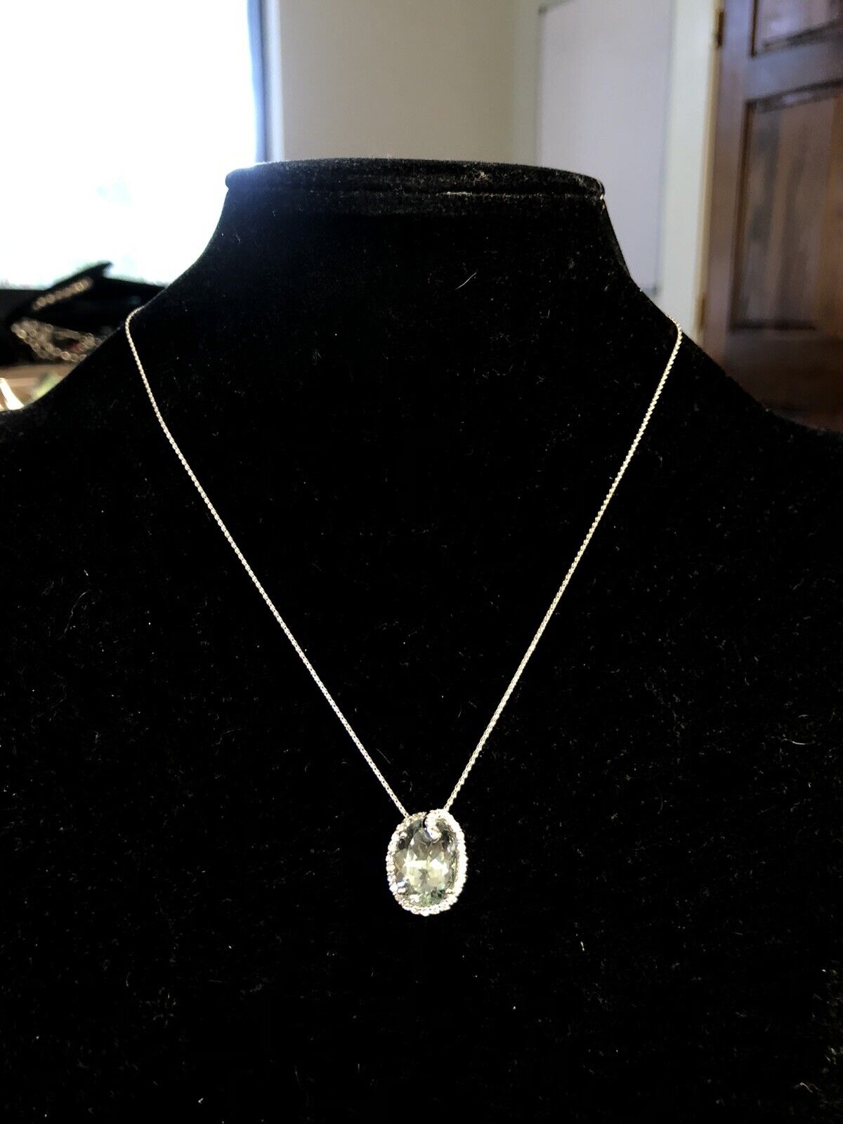 Designer SG 14K White Gold Oval Green Amethyst Diamond Swirl Pendant Necklace