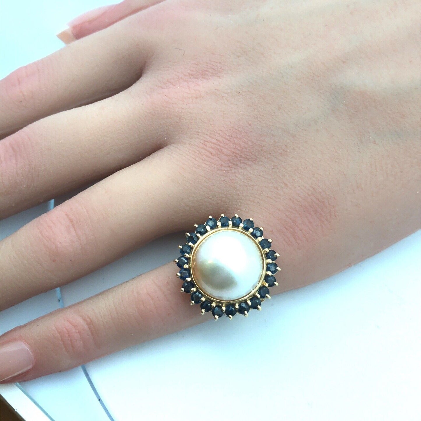 Vintage Designer 14K Yellow Gold Mabe Pearl Sapphire Halo Statement Cocktail Rin