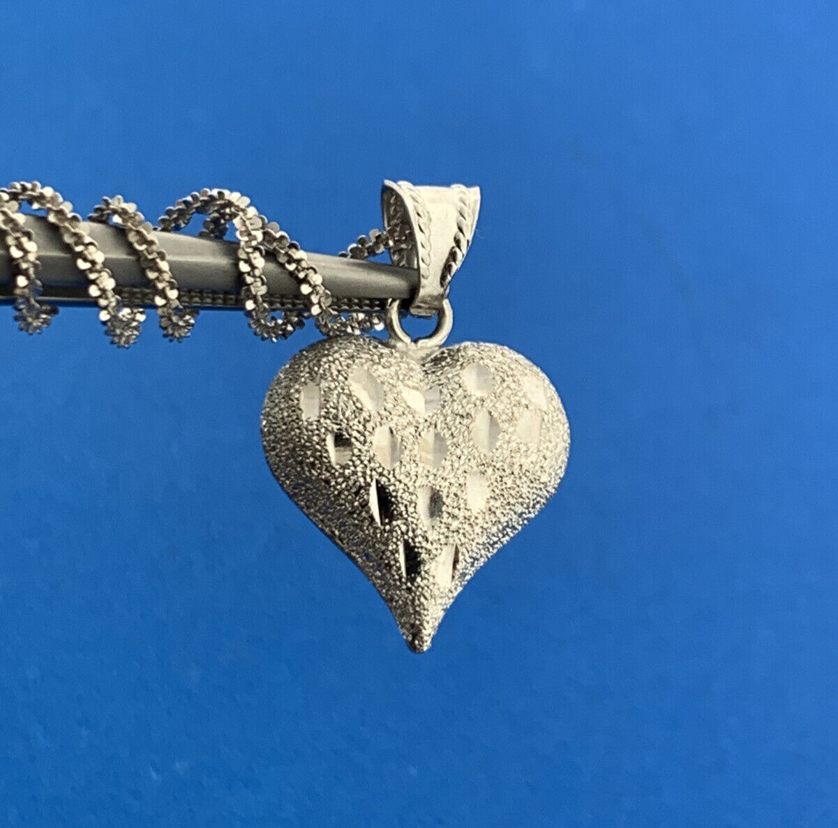 Designer Italy 10K White Gold Polished Diamond Cut Puffy Heart Pendant Necklace