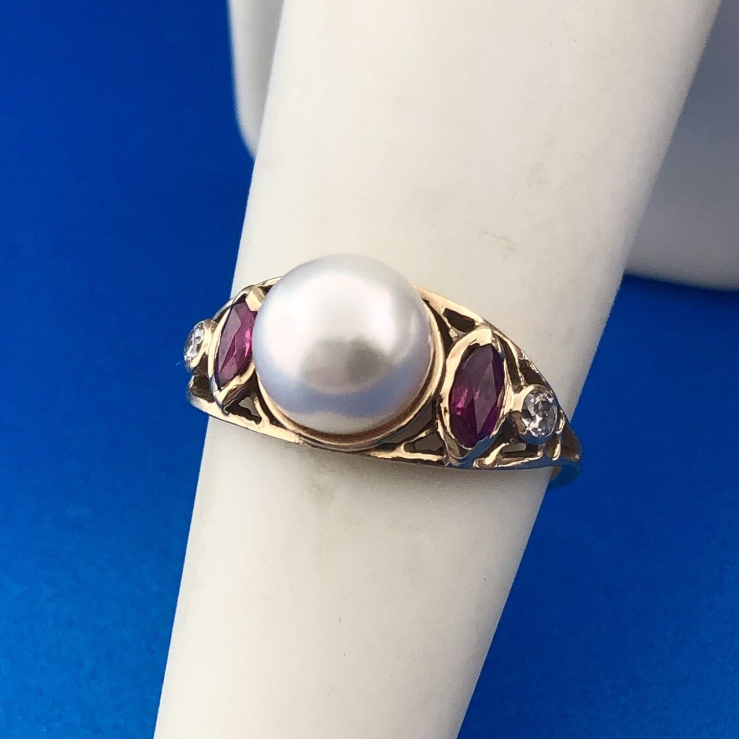 Vintage 14K Yellow Gold Pearl Ruby Diamond Art Deco Style Cocktail Ring