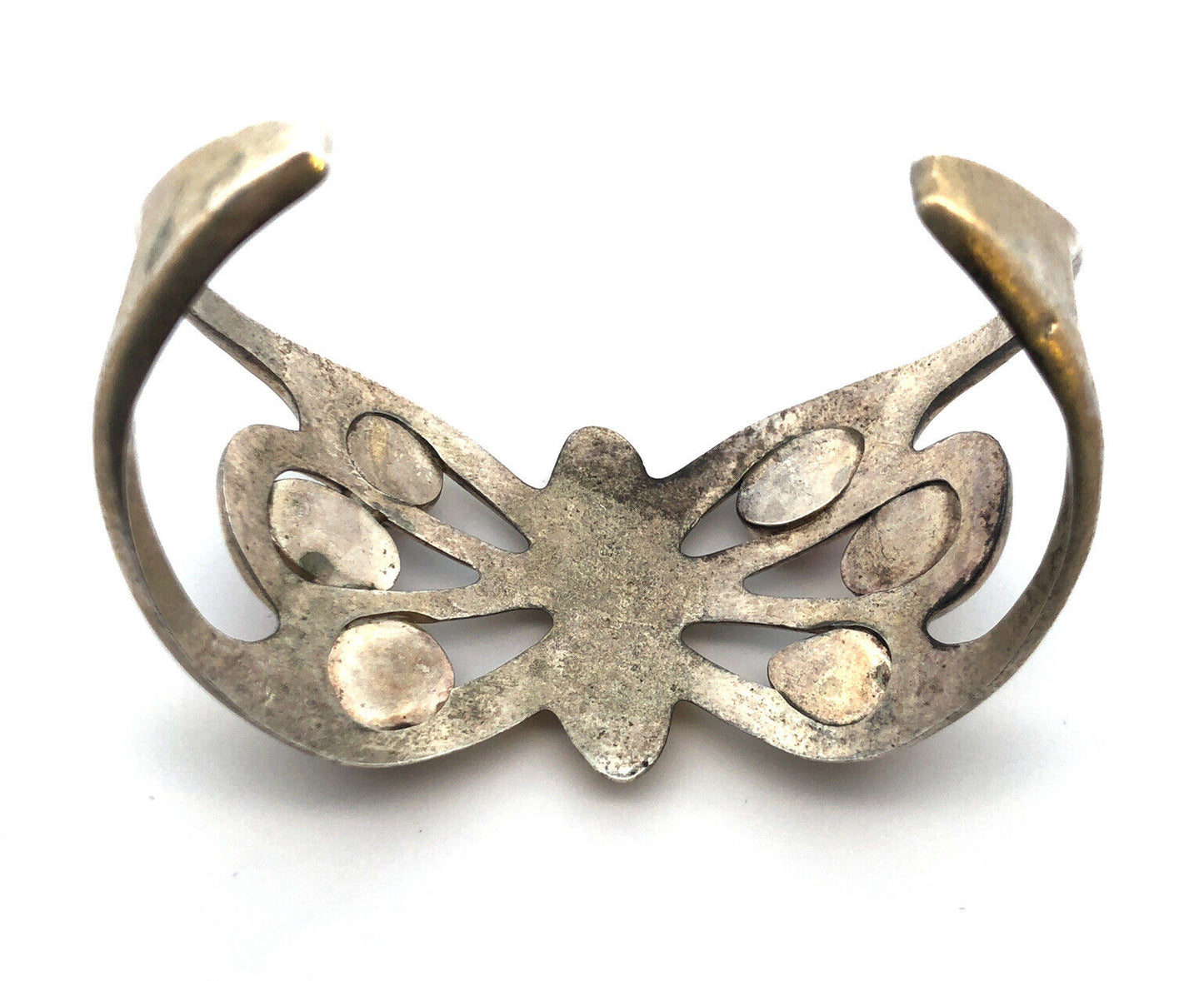 Modernist 925 Sterling Silver Mexican Fire Opal Butterfly Open Cuff Bracelet