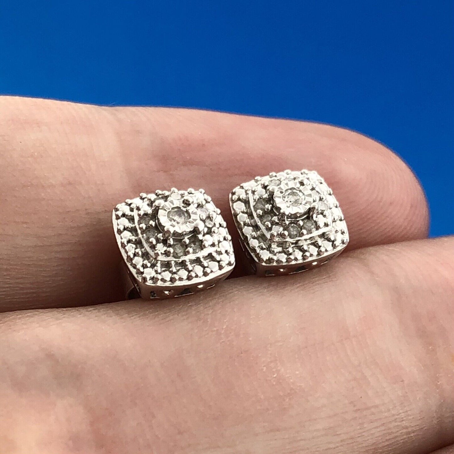 Estate 925 Sterling Silver Diamond Cluster Tiered Square Stud Earrings