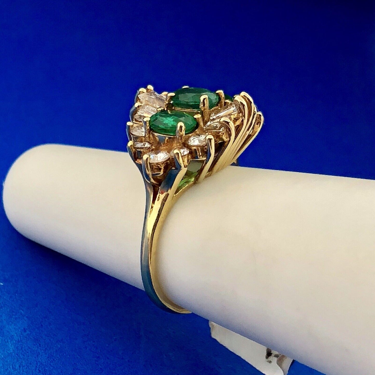 Vintage 14k Yellow Gold Three Oval Emerald Ring w/ Round & Baguette Diamonds