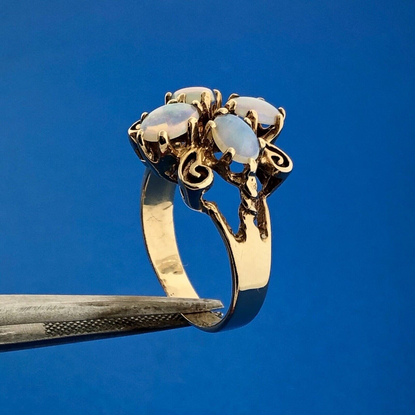 Mid Century 14K Yellow Gold Oval Opal Cabochon Floral Scroll Butterfly Ring
