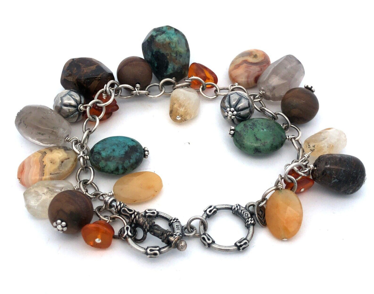 Silpada 925 Sterling Silver Multi-Gemstone Turquoise Agate Charm Chain Bracelet