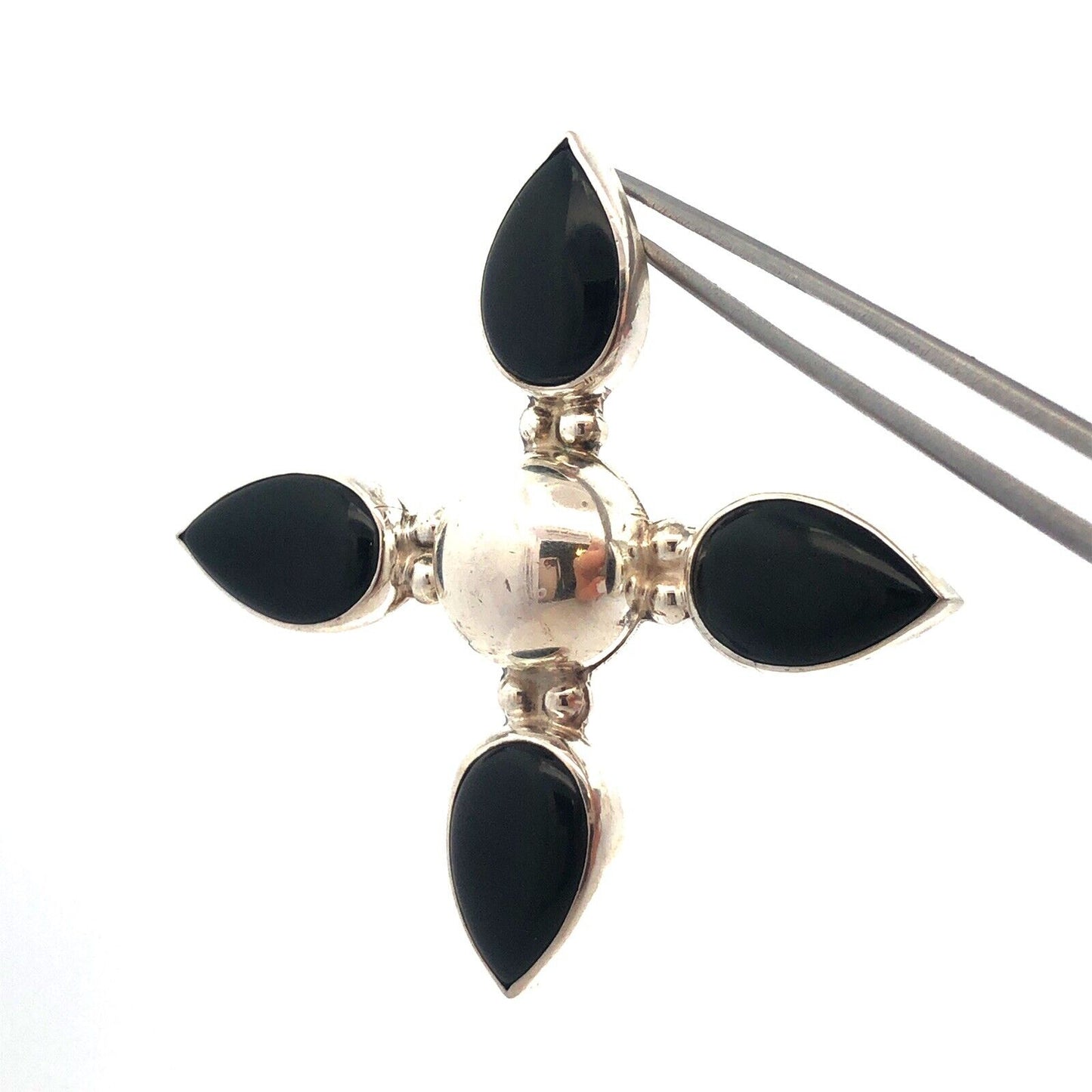 Mid Century Taxco Mexico 926 Sterling Silver Pear Black Onyx Pendant Brooch
