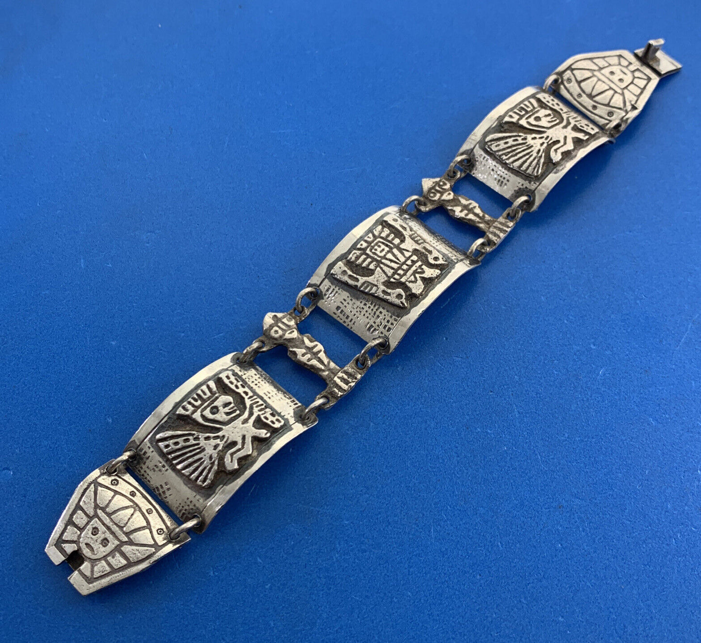 Designer Peru 925 Sterling Silver Inca Gods Panel Cuff Bracelet