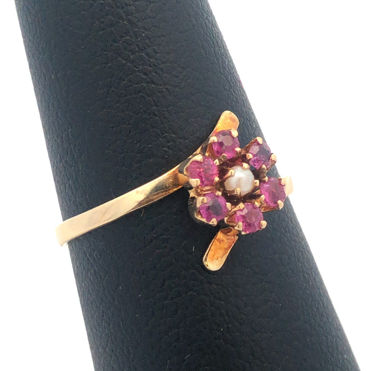 Vintage 14K Yellow Gold Ruby Pearl Flower Cluster July Sweetheart Bypass Ring