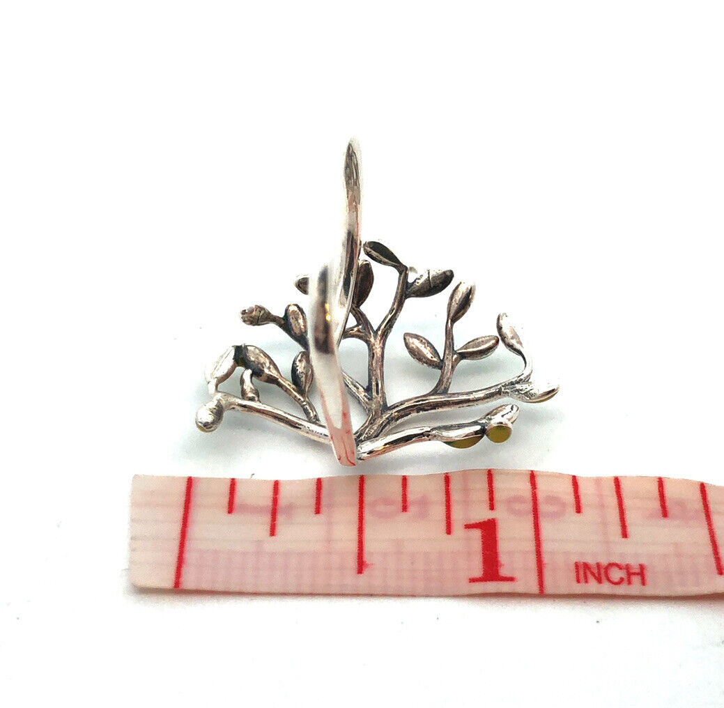 925 Sterling Silver Vintage Green Enamel Tree Of Life Leaves Nature Ring