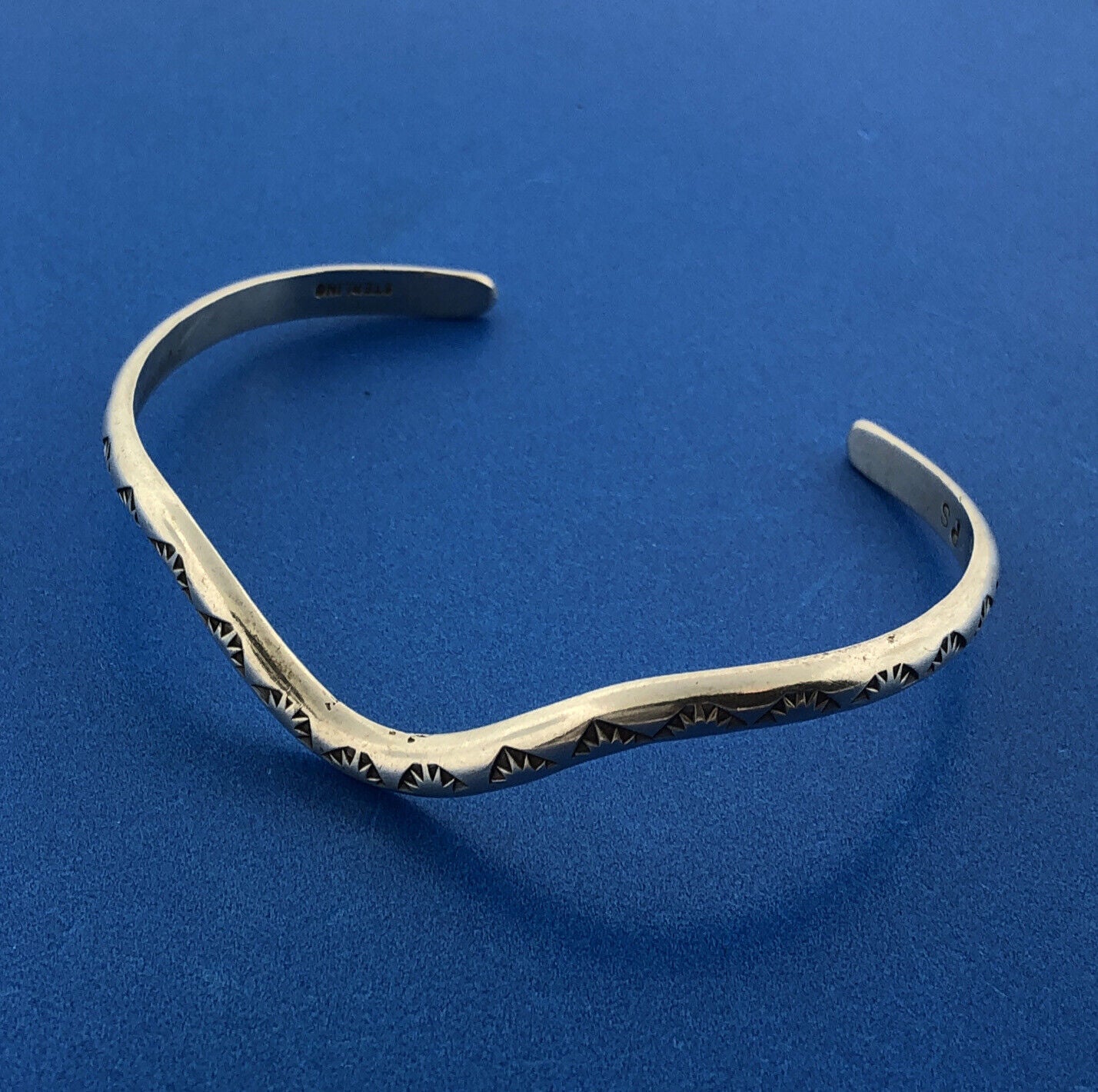 Native American PS Signed Sterling Silver 925 Snake Wave Design Cuff Bracelet