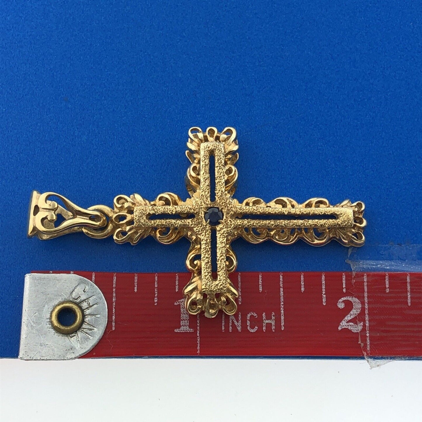 Veronese 925 Sterling Silver Vermeil Sapphire Open Work Statement Cross Pendant