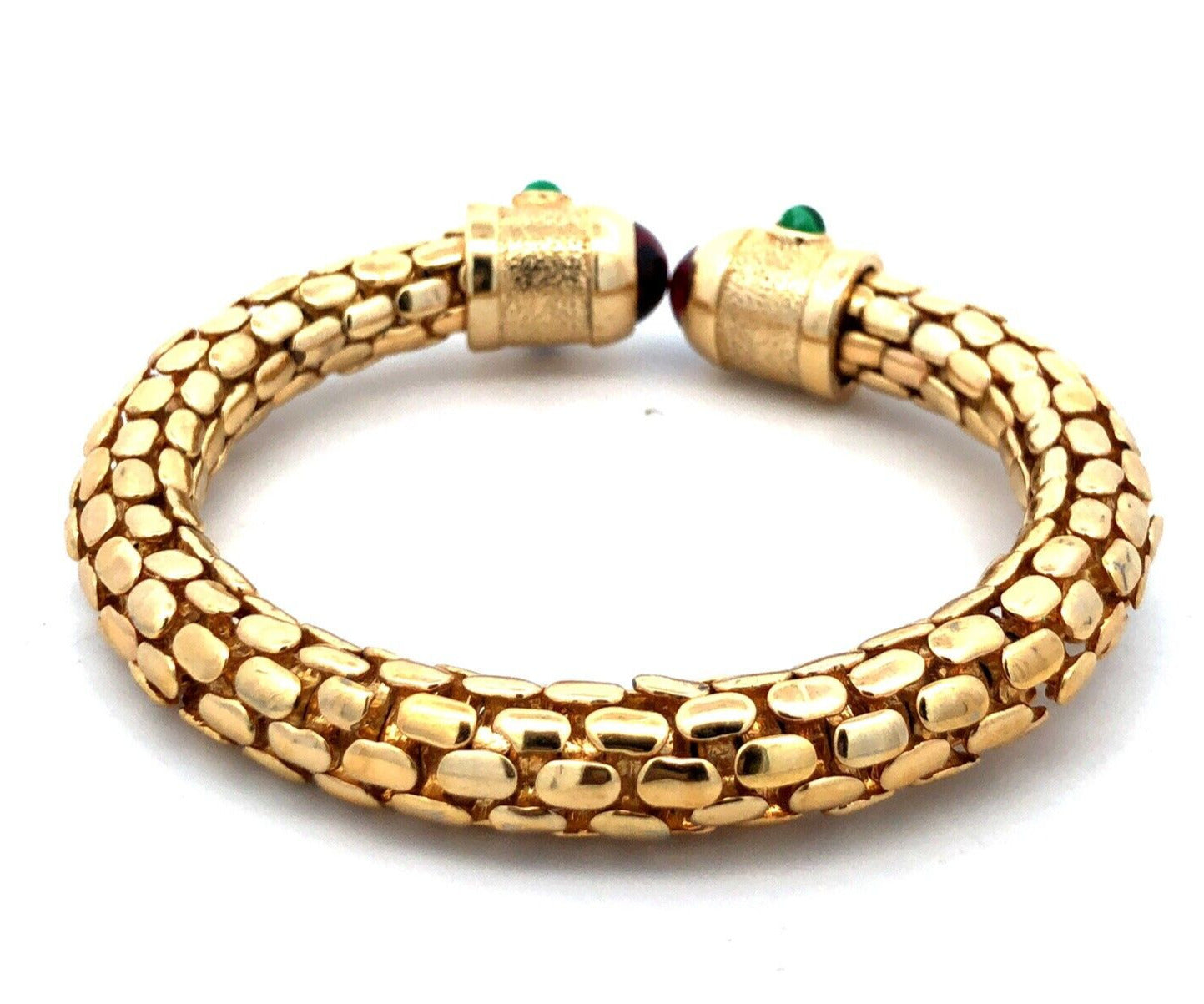 Vintage Runway Gold Tone Red Blue Green Glass Snake Skin Open Cuff Bracelet
