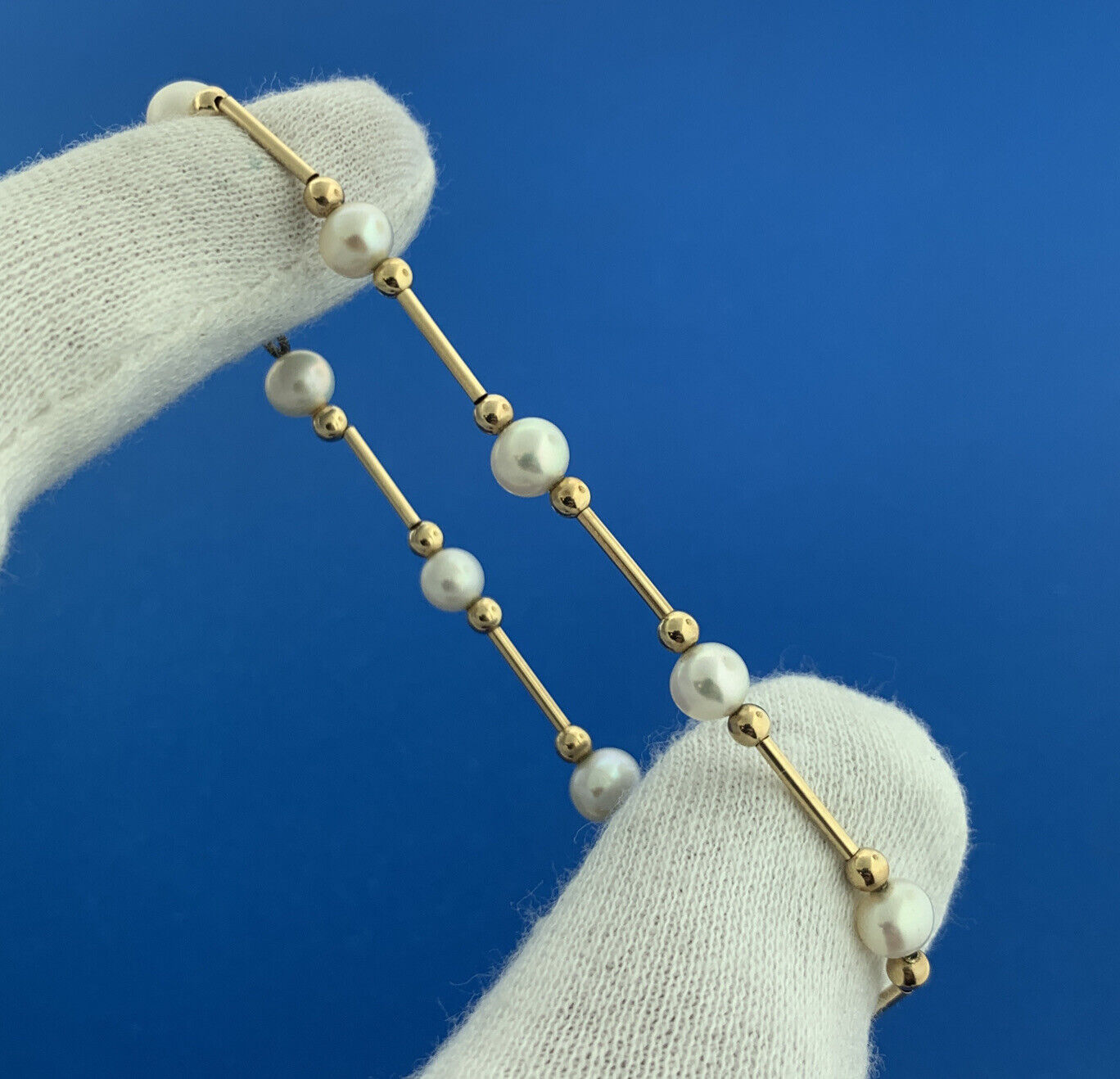 14K Yellow Gold Pearl & Gold Bead Bar June Wedding Anniversary Bracelet