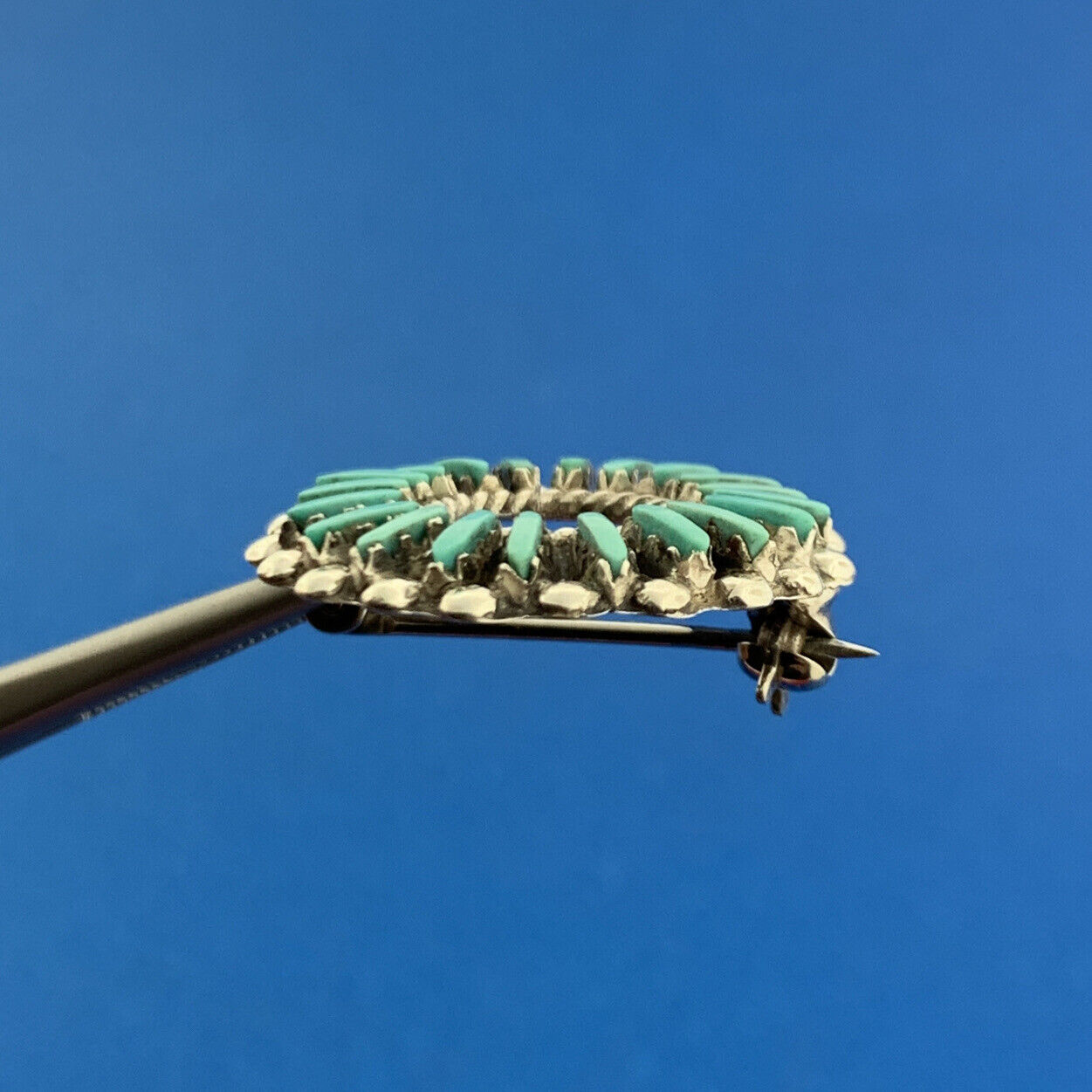 Vintage Native American 925 Sterling Silver Turquoise Petit Point Pendant Brooch