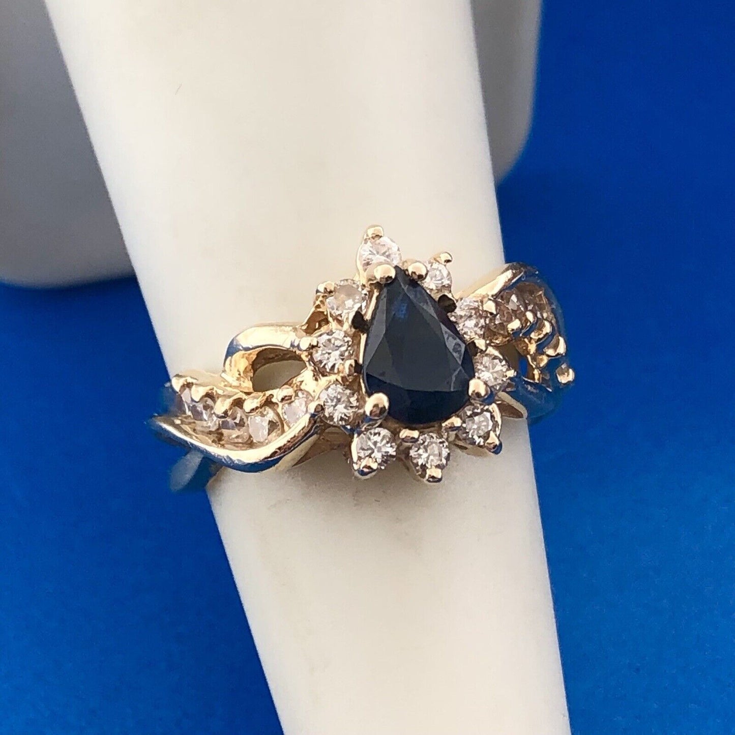 Retro Designer 14K Yellow Gold Sapphire Pear Diamond Halo Accented Cocktail Ring