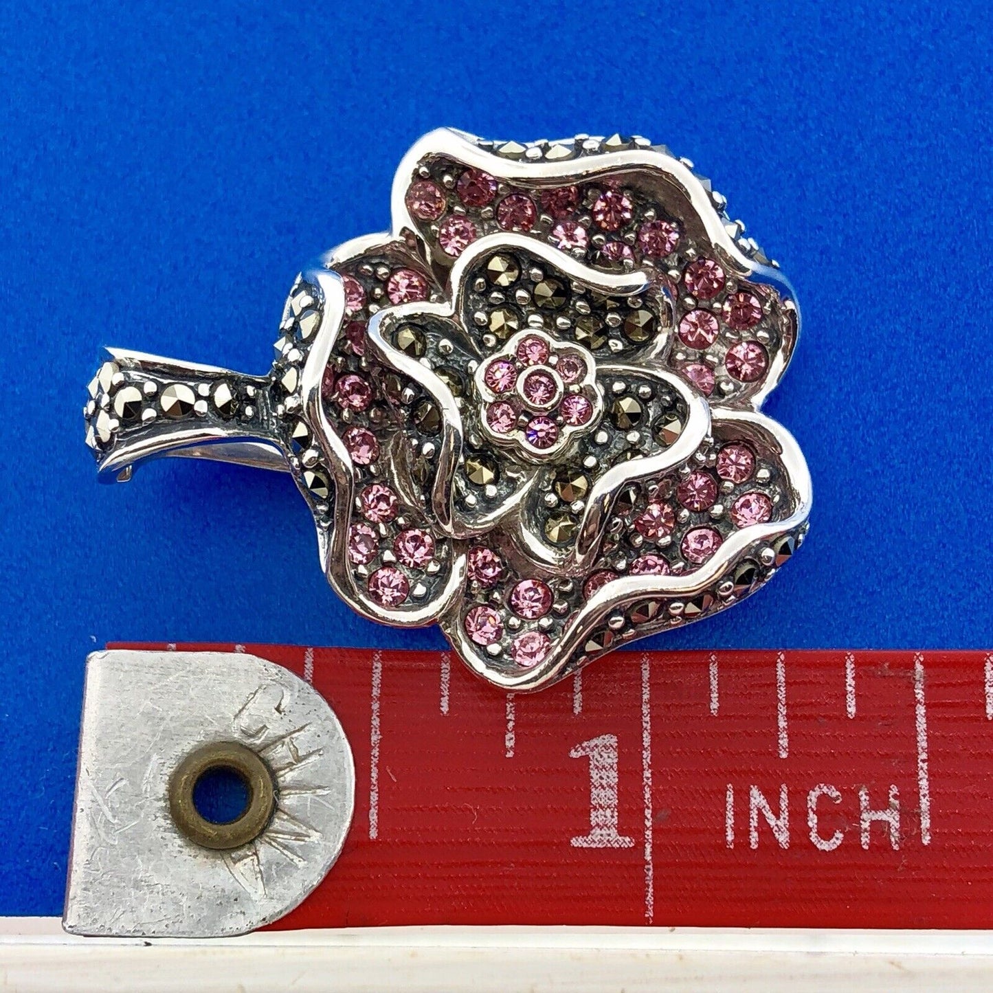 Designer Sterling Silver Pink Cubic Zirconia Marcasite Flower Enhancer Pendant